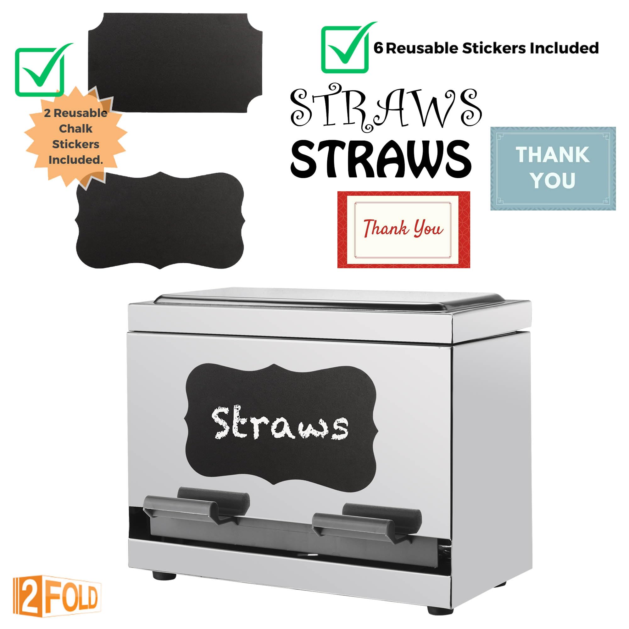 2Fold Stainless Steel Straw Dispenser - Eco-Friendly Drinking Straw Holder for Bulk Paper & Plastic Straws - Includes Custom Label Stickers (Blue) | Perfect for Restaurants, Cafes & Home Use