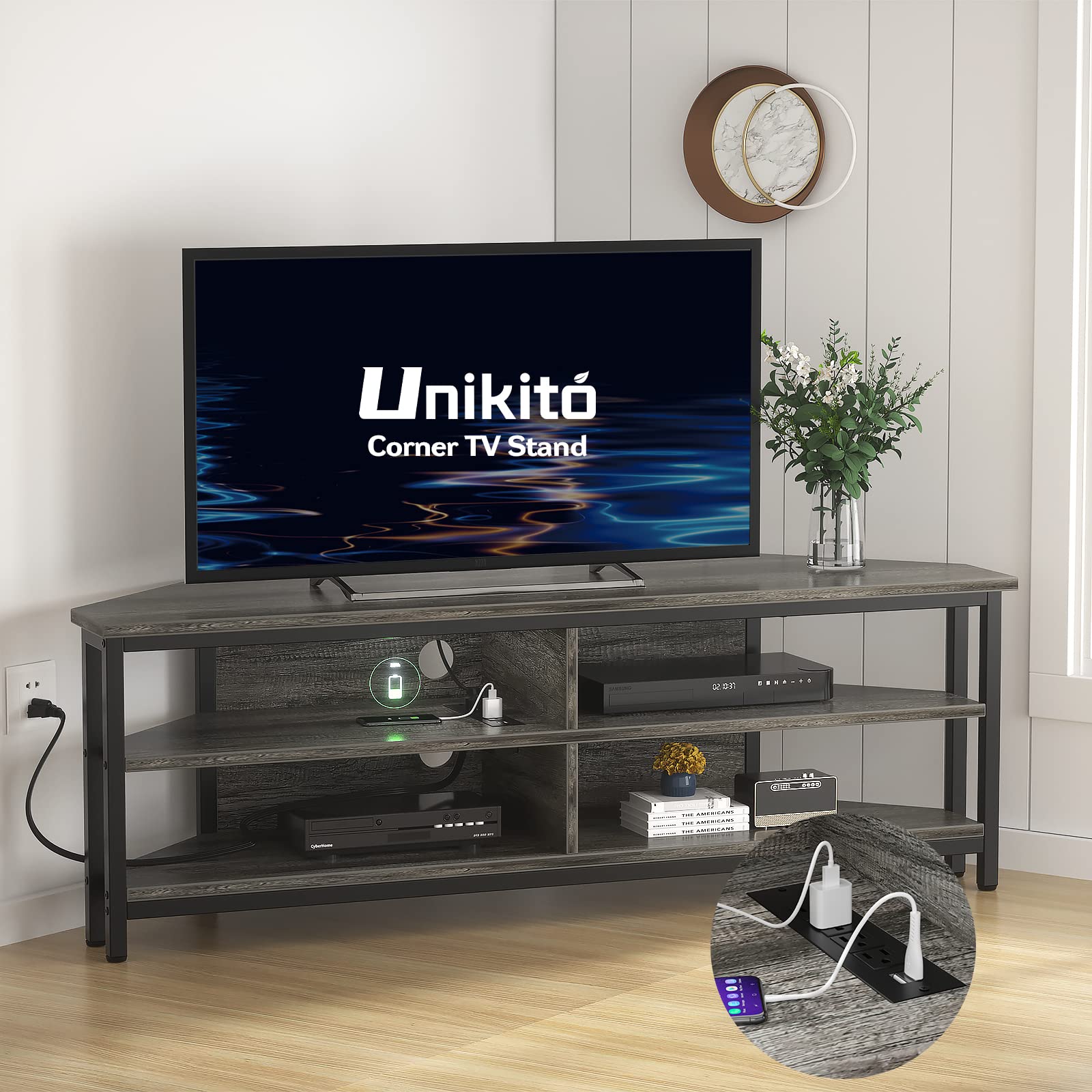 Unikito Corner TV Stand with Power Outlet - Wooden Entertainment Center Media Console with 4 Open Shelves for 55 Inch TV - Gray Oak - Perfect for Living Room, Bedroom & Home Theater Setup