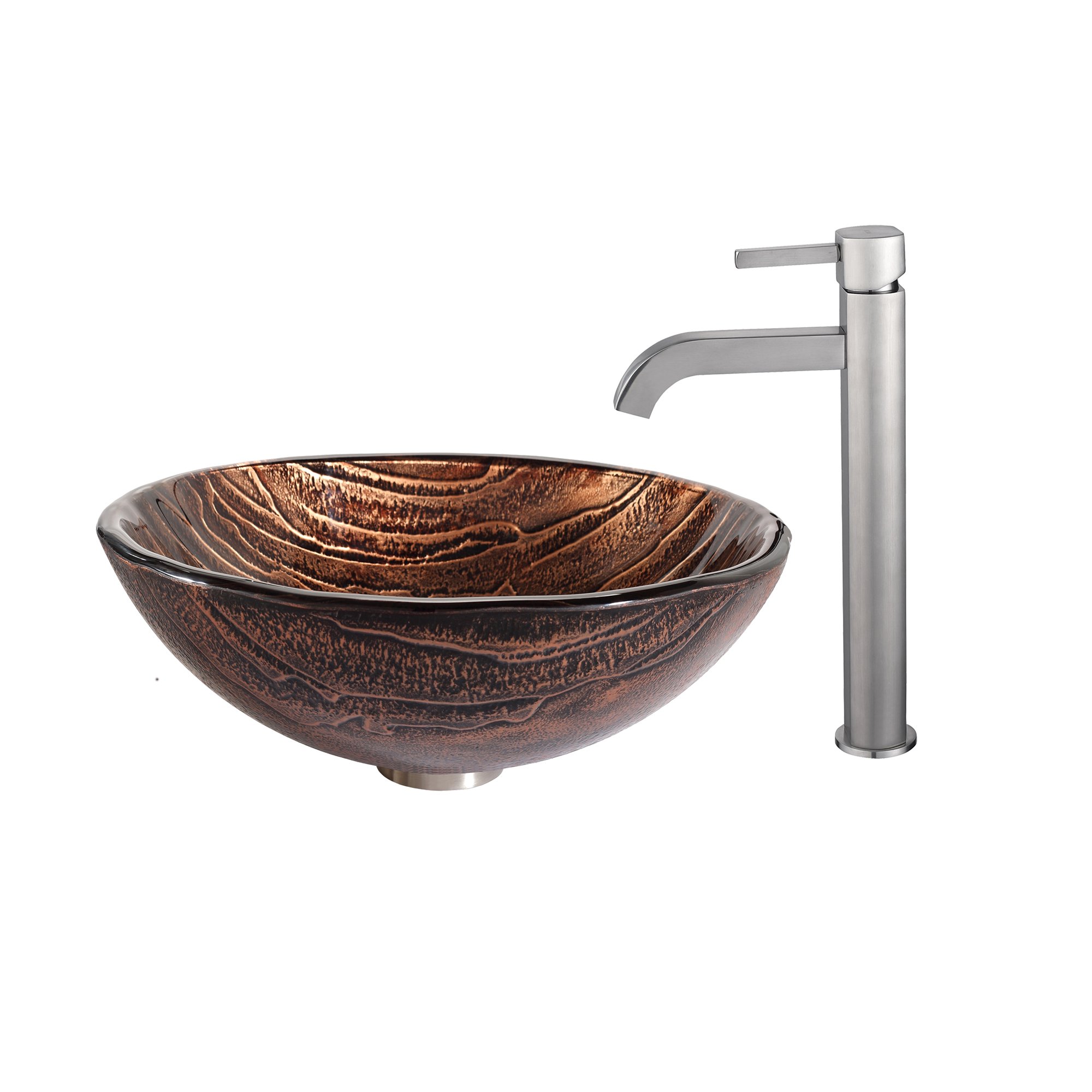 Kraus Gaia Glass Vessel Bathroom Sink with Ramus Single Hole Faucet in Satin Nickel Finish - Modern Vanity Basin for Powder Room, Guest Bath or Master Suite