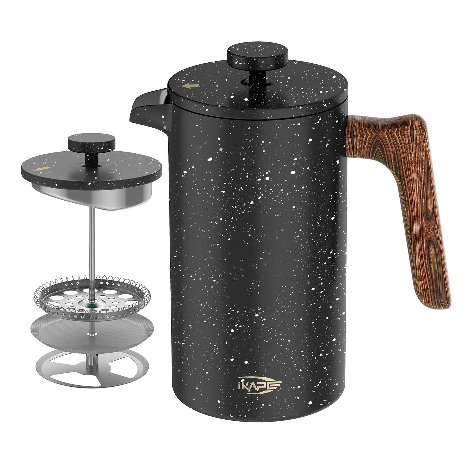 IKAPE 34 OZ French Press Coffee Maker - 304 Stainless Steel Espresso & Tea Brewer with 4-Level Filtration System (Starry Black) | Perfect for Home, Office & Camping Coffee Lovers