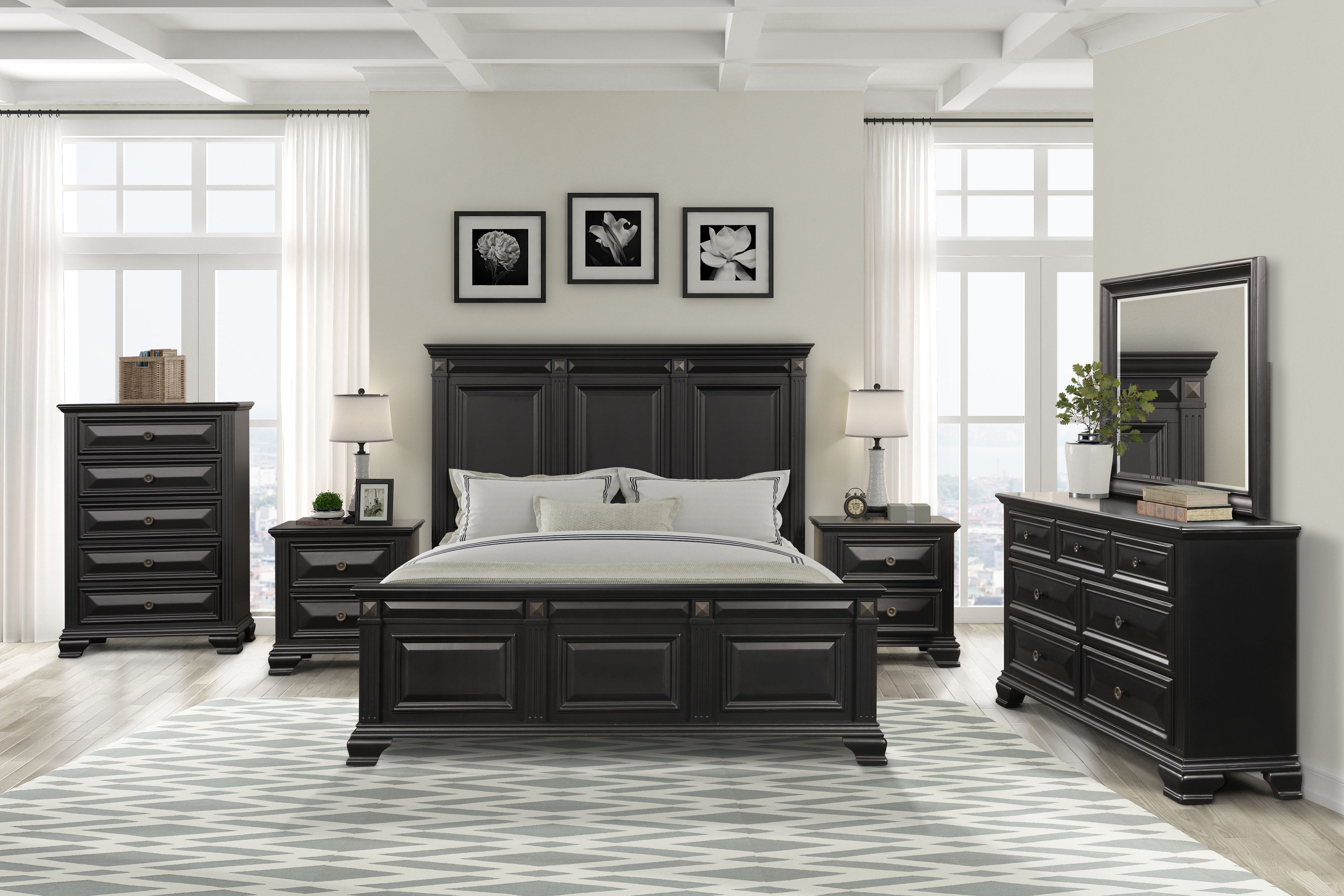 Vintage Black Wood Bedroom Set - Classic Wooden Bed Frame, Nightstand & Dresser for Cozy Home Decor | Perfect for Master Bedroom, Guest Room & Airbnb Staging