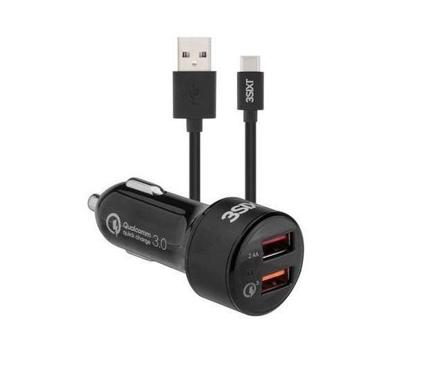 3sixT Fast Car Charger 5.4A Dual Port USB Adapter with 1m Micro USB Cable - Quick Charge for iPhone Android Smartphones While Driving