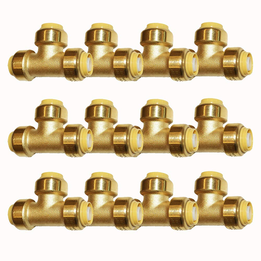 HQMPC 3/4 Inch PEX Tee Push Fit Plumbing Fitting - Brass Push-to-Connect Water Pipe Connector - 12 Pack for Home Plumbing, DIY Repairs, and Water Supply Systems