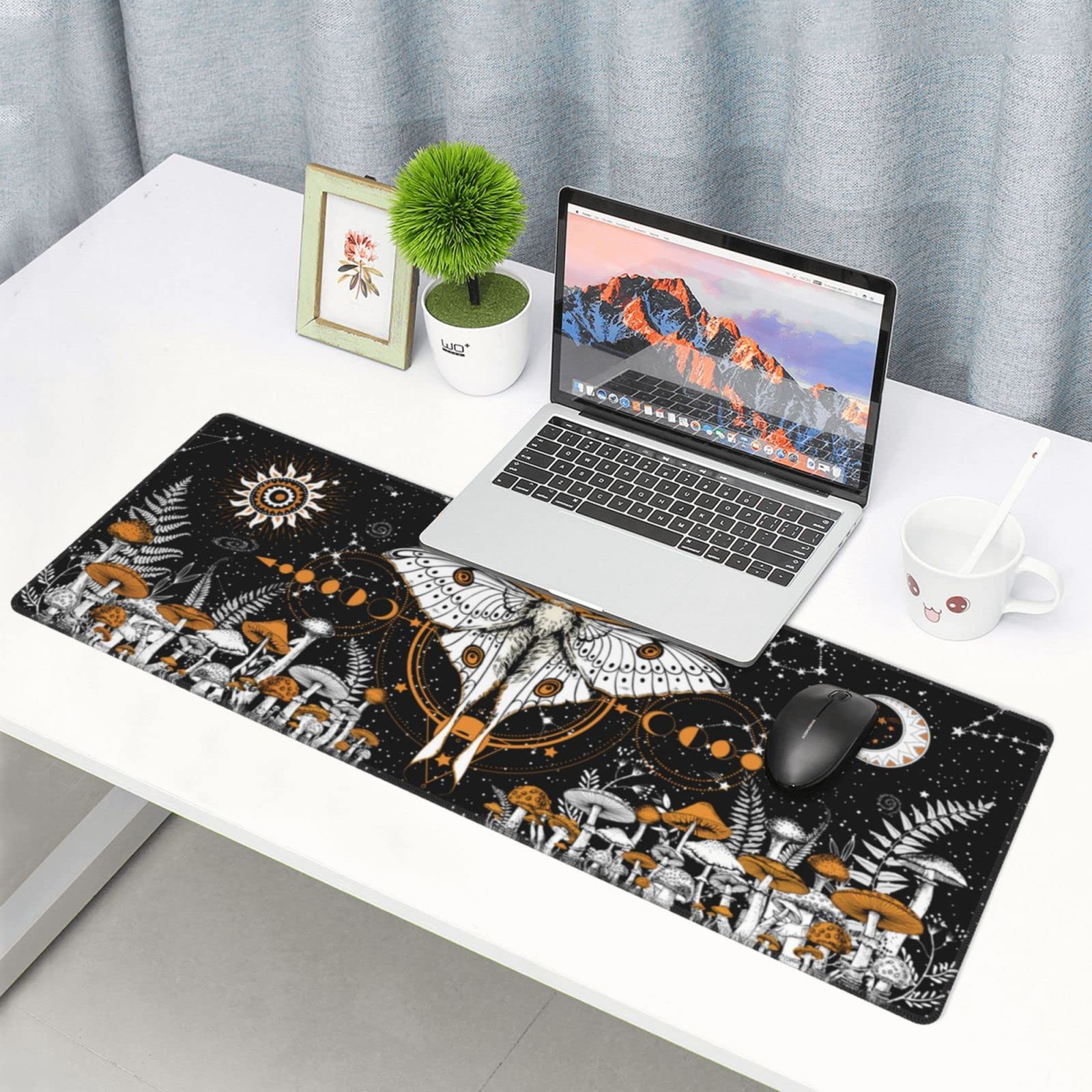 Large Mushroom Moth Butterfly Gaming Mouse Pad - 31.5 x 11.8 Inch XL Extended Desk Mat with Stitched Edges for PC, Laptop & Office Workspace