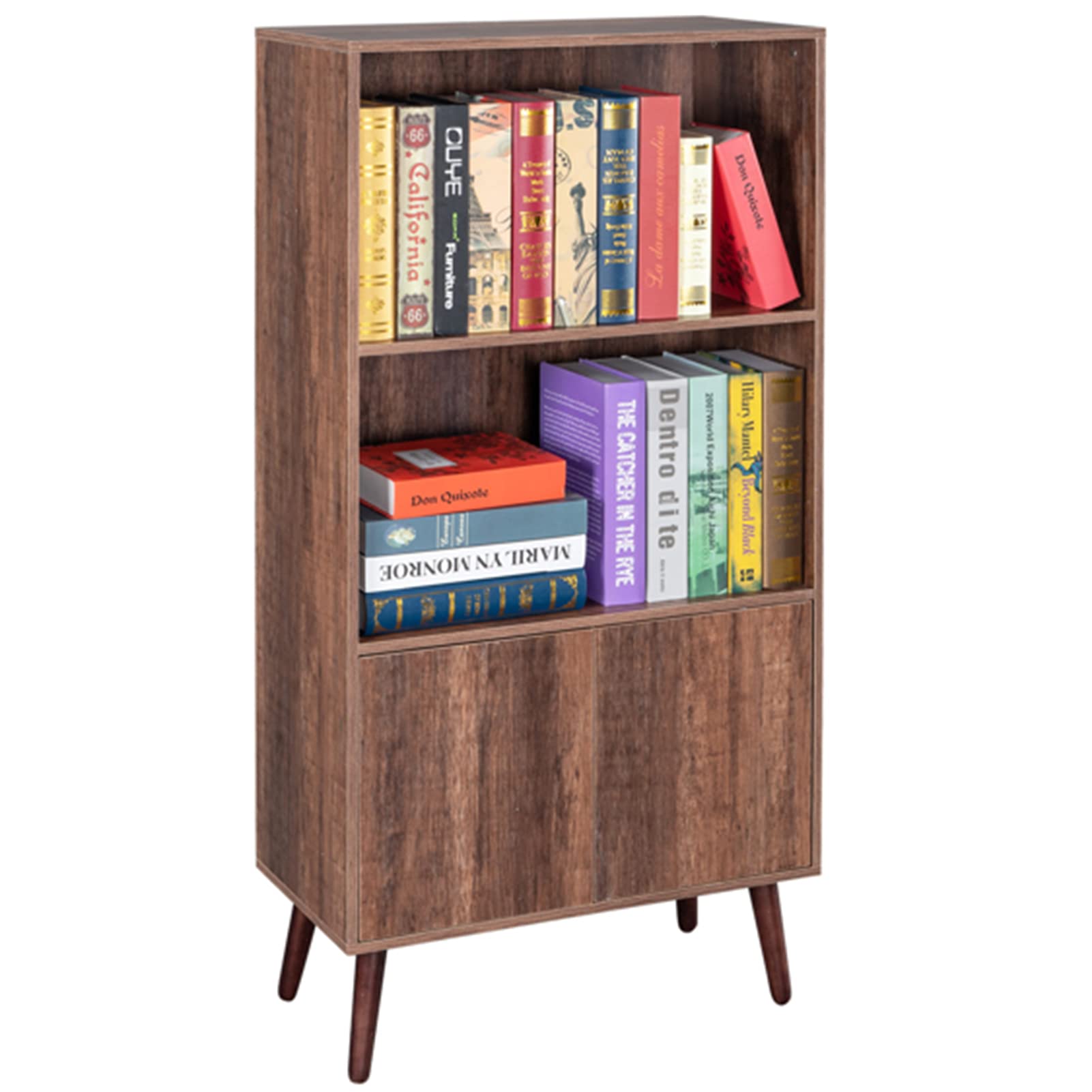 Vintage 2-Tier Bookcase with Doors - Mid-Century Modern Storage Cabinet for Books, Photos & Decor | Walnut Display Hutch for Living Room, Kitchen, Bedroom & Office | Perfect for Home Organization & Stylish Storage Solutions