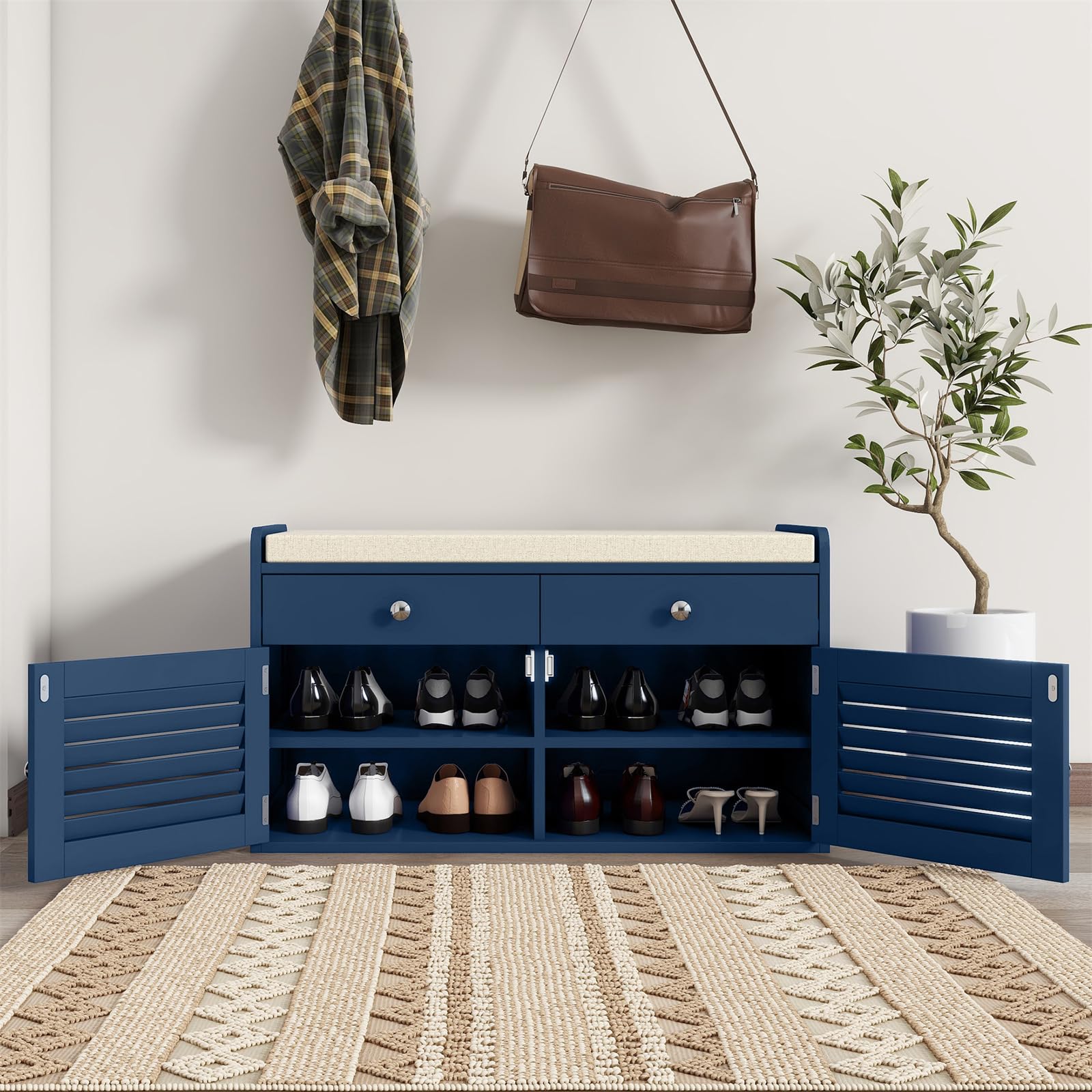Multi-Functional Shoe Storage Bench with 2 Drawers & 2 Doors - Entryway Organizer with Cushioned Seat, Adjustable Shelves - Shoe Cabinet for Hallway, Living Room, Bedroom & Mudroom (Blue) - Perfect for Small Space Organization & Entryway Decor