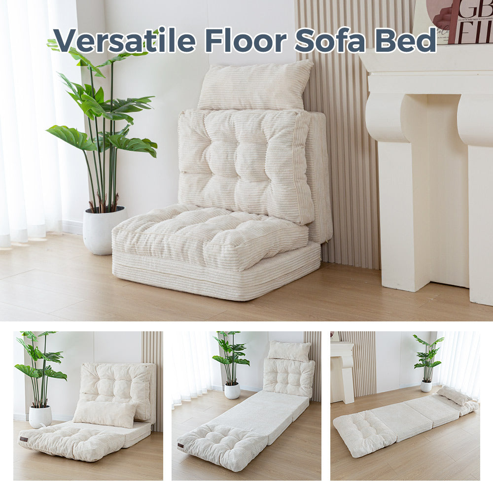 MAXYOYO Tufted Bean Bag Sofa Bed - Foldable Floor Couch with Pillows, Beige | Comfortable Lounge Chair for Living Room, Bedroom & Dorm | Perfect for Relaxing, Reading & Napping