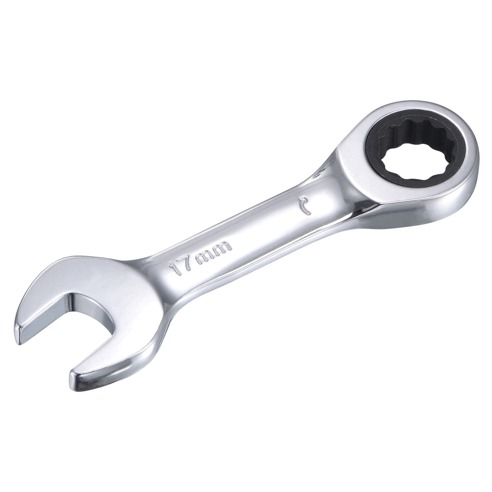 uxcell 17mm Stubby Ratcheting Combination Wrench - Metric 72-Tooth 12-Point Box End - CR-V Steel - Compact Ratchet Wrench for Tight Spaces & Automotive Repair