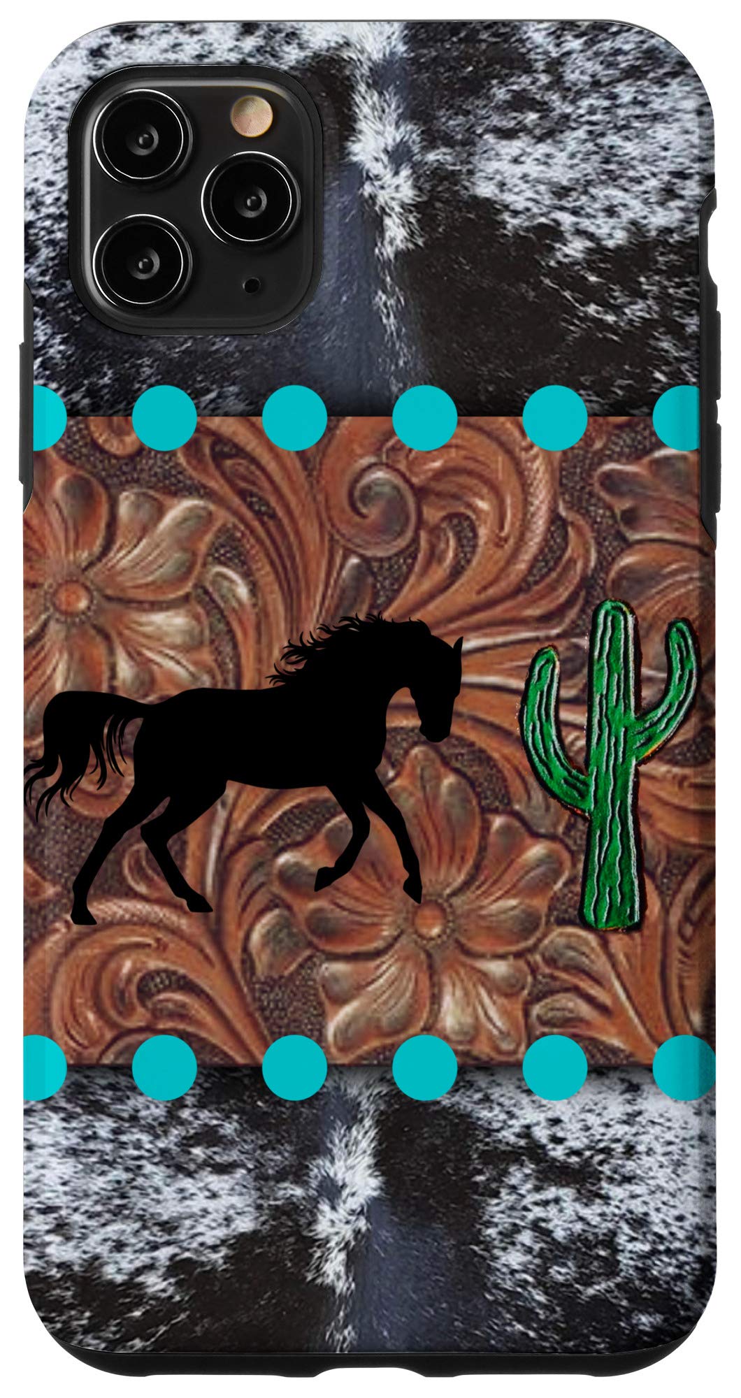 iPhone 11 Pro Max Leather Case - Handcrafted Cowhide Cover with Southwest Cactus & Turquoise Horse Design | Durable Protection for Work, Travel & Outdoor Activities