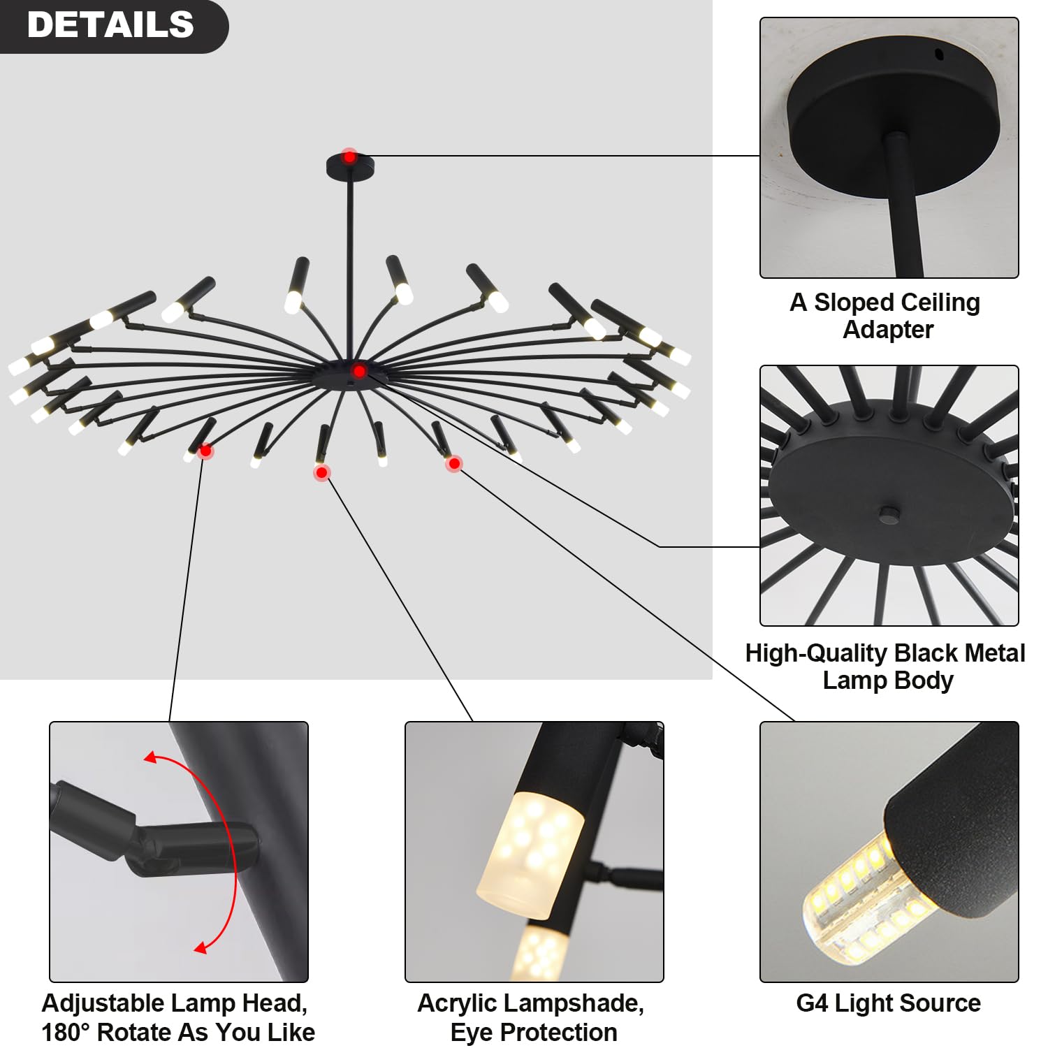 Extra Large Modern Chandelier for High Ceiling - Mid Century Sputnik Style Black Flush Mount Ceiling Light - Contemporary Lighting for Living Room, Dining Room, Foyer & Bedroom - Perfect for Modern Home Decor & Luxury Interior Design