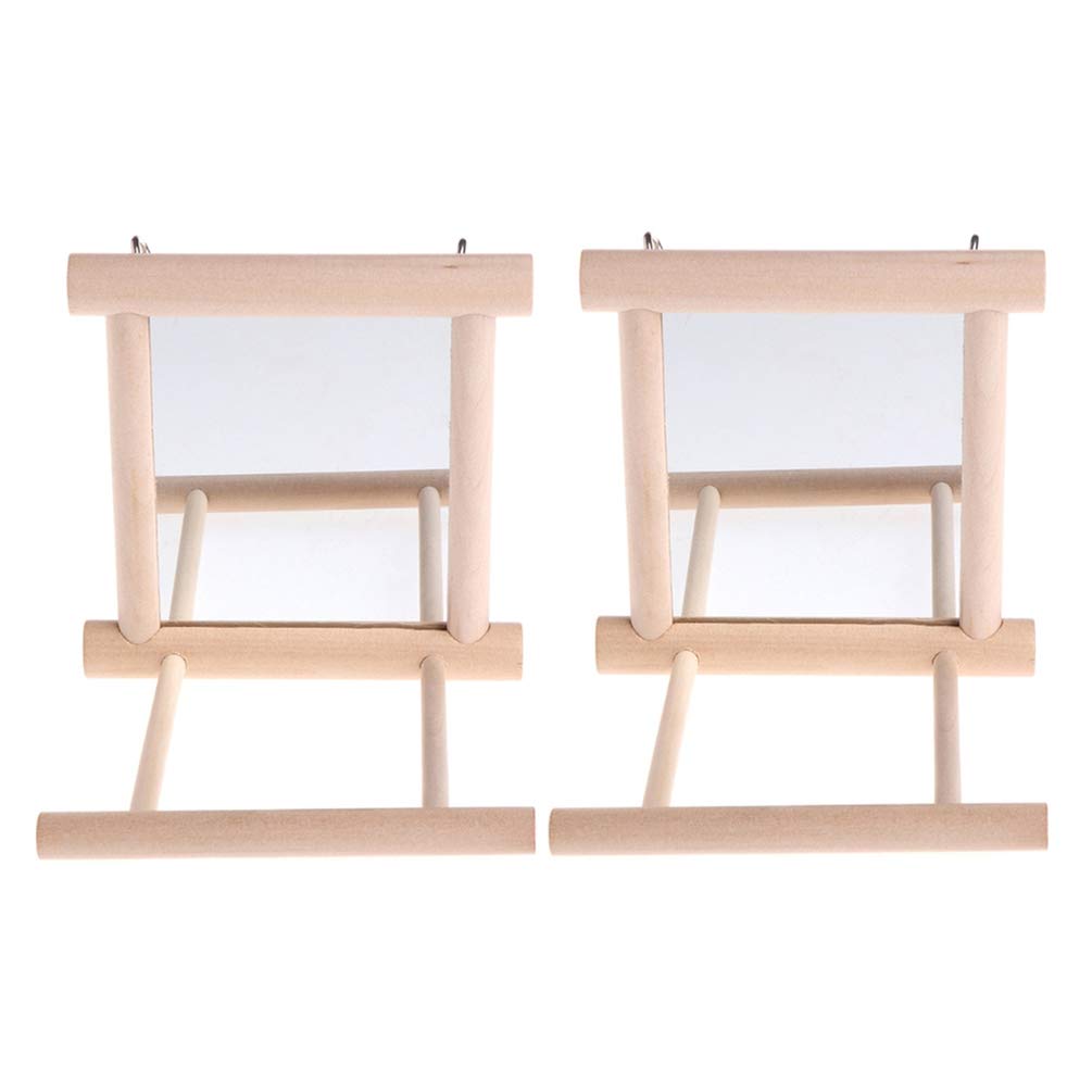 POPETPOP 2-Piece Wooden Bird Perch Stand with Mirror - Fun Parrot Play Toy, Training Rack & Cage Accessory for Parakeets, Cockatiels, Lovebirds | Perfect for Bird Exercise, Grooming & Entertainment in Home Aviaries