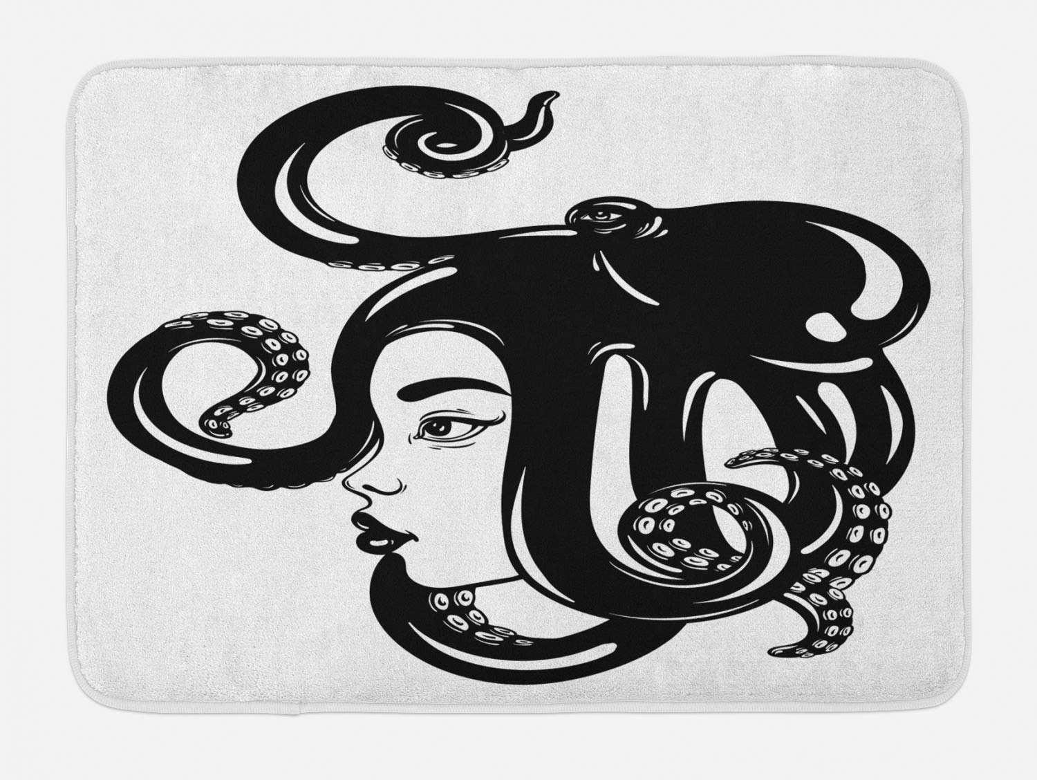 Ambesonne Non-Slip Plush Bath Mat - Hand Drawn Sea Monster Design with Octopus Lady in Monochrome, 30.2 x 20 Inches, Charcoal Grey & White - Perfect for Bathroom Decor, Kids' Room, or Coastal-Themed Home