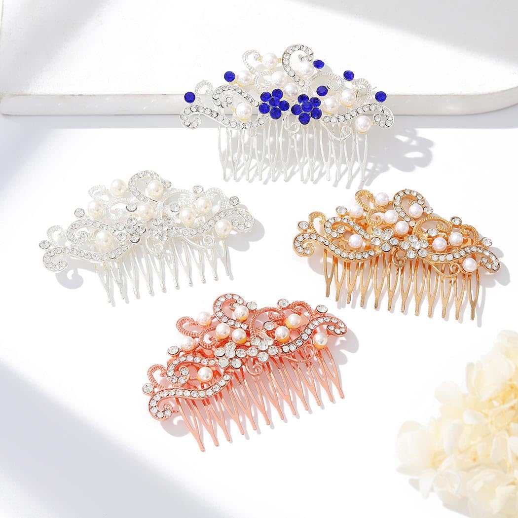 Elegant Silver Rhinestone Wedding Hair Comb with Pearls – Bridal Hair Accessories for Women & Girls (Blue) | Perfect for Weddings, Prom, and Special Occasions