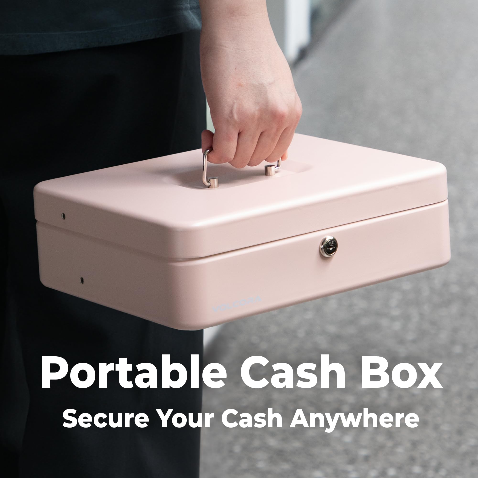 Volcora Large Cash Box with Key Lock - Metal Money Storage Safe Box with Money Tray | Portable & Durable Cash Organizer for Small Business, Yard Sales, Garage Sales | Perfect for Retail Stores, Events, and Home Security (Rose Gold)