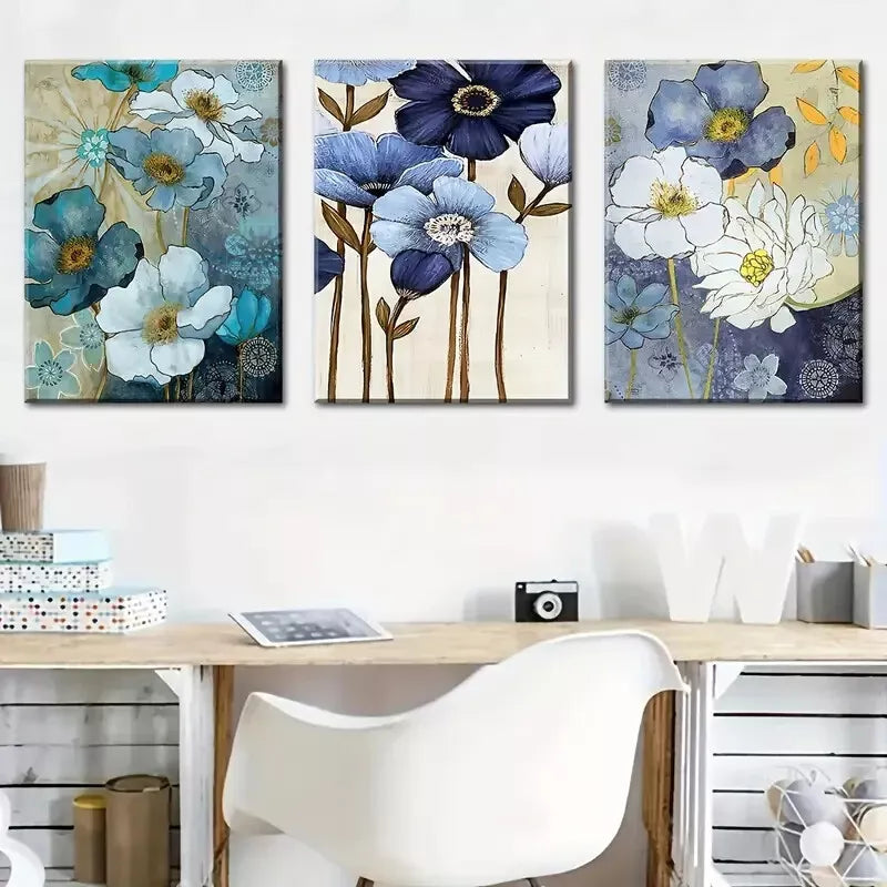 3-Piece Abstract Floral Blue Lotus Flowers Wall Art Set - Framed Canvas 40x60cm (16x24 Inches) - High Quality Print - 100% Australian Made - Ready to Hang - Perfect for Living Room, Bedroom & Office Decor