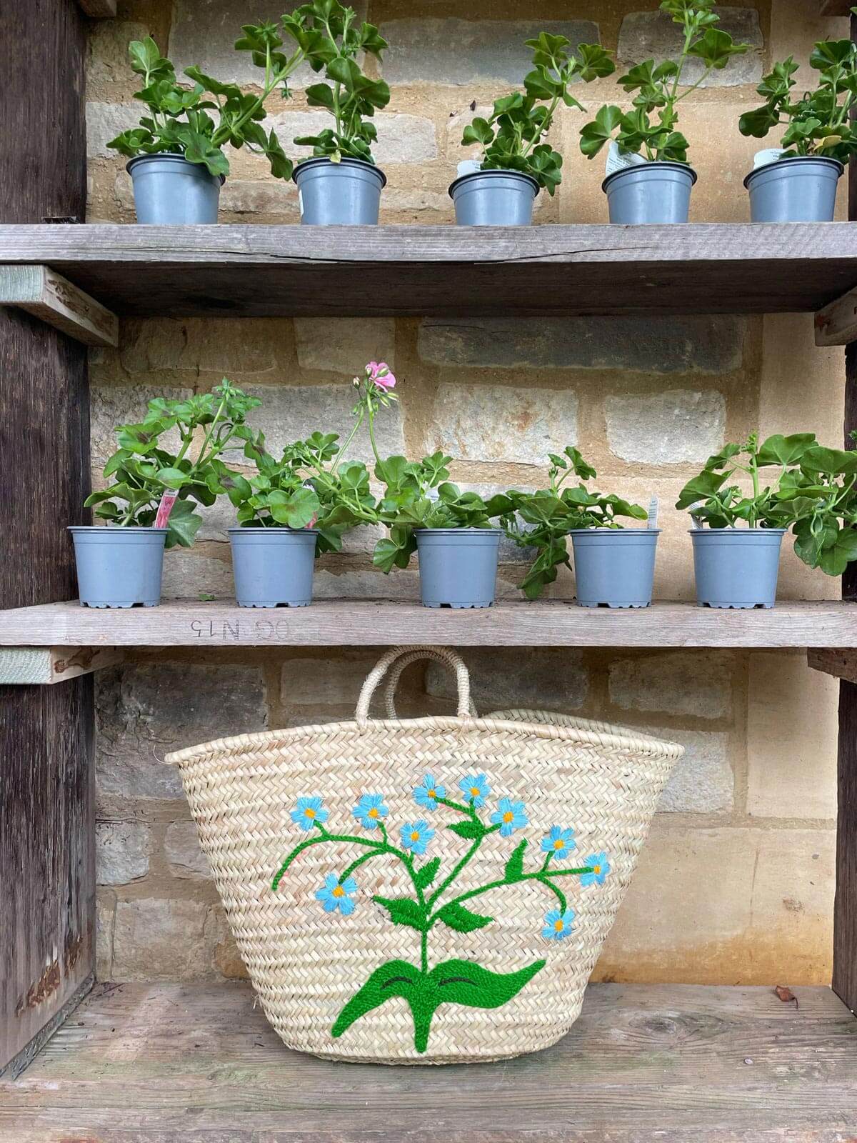 Hand Embroidered Market Basket with Forget-Me-Not Flowers - Perfect for Picnics, Farmers Markets & Home Decor