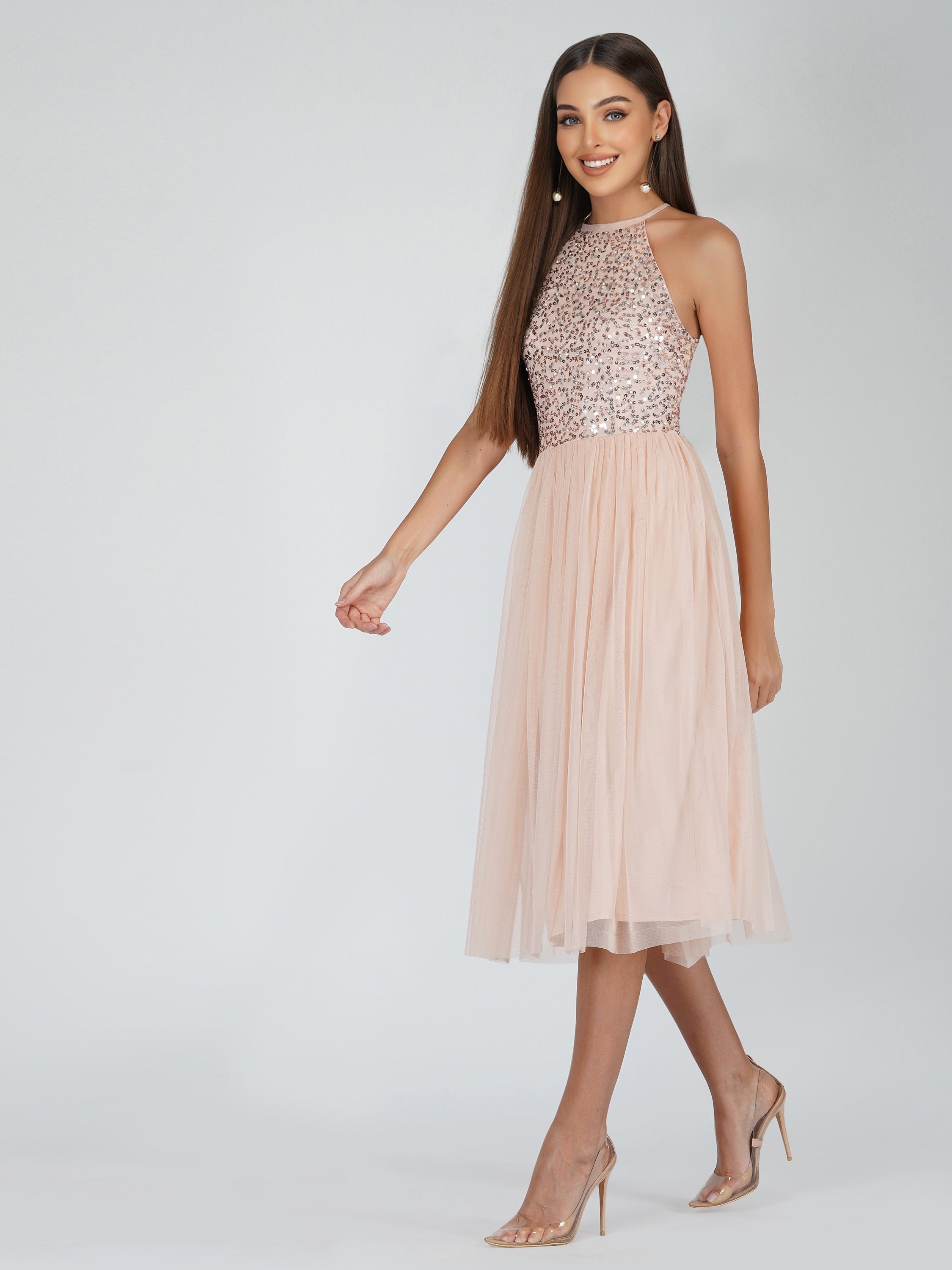 Elegant Sprinkle Blush Pink Bridesmaid Midi Dress - Perfect for Weddings, Parties & Special Occasions