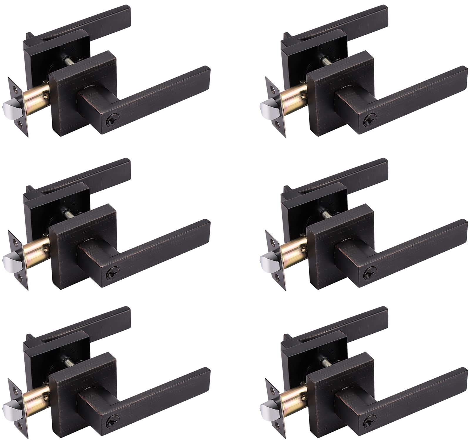 6 Pack Heavy Duty Oil Rubbed Bronze Entry Lever Door Handle with Lock & Key - Square Locking Lever Set for Front Door, Garage, Office - Reversible for Left/Right Handed Doors - Perfect for Home Security & Commercial Buildings