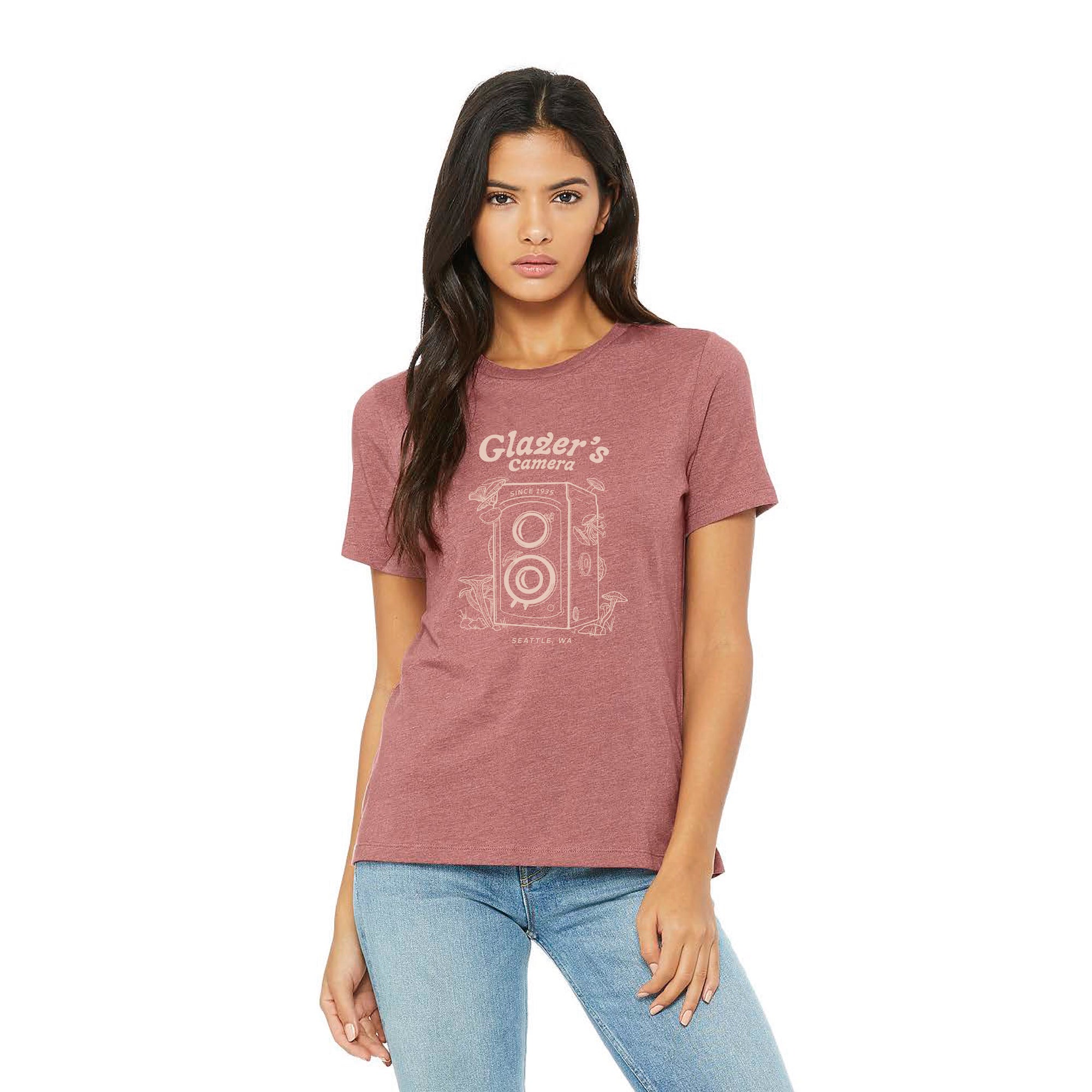 Glazer's Mushroom Camera Print Women's T-Shirt - Mauve, Small | Cute Graphic Tee for Casual Wear, Street Style & Photography Enthusiasts