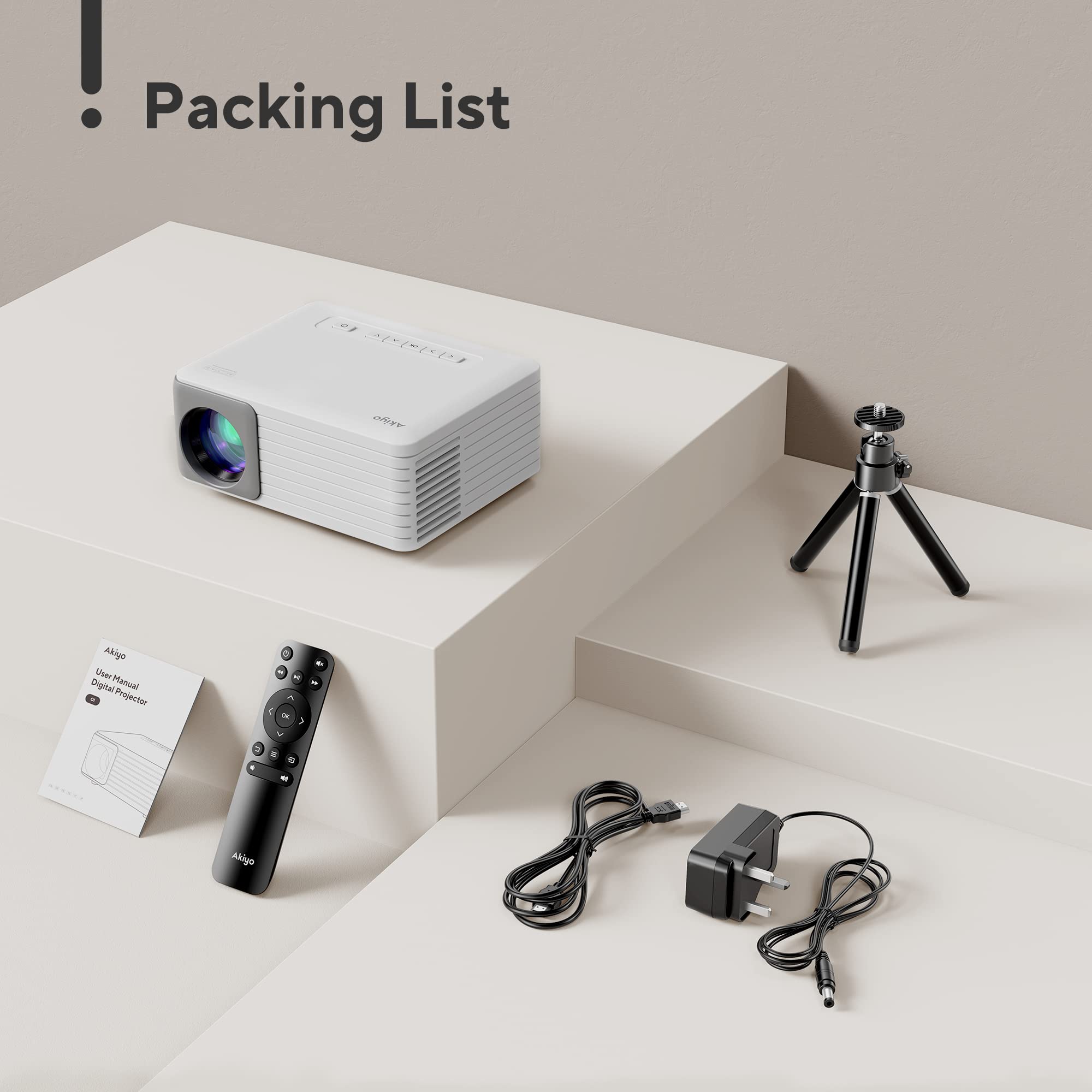AKIYO Mini Projector with Stand - 1080P Full HD Portable Projector for iPhone, Android, HDMI, USB | Home Theater, Outdoor Movies, Gaming & Office Presentations | Compatible with iOS, Android, PC, TV Stick