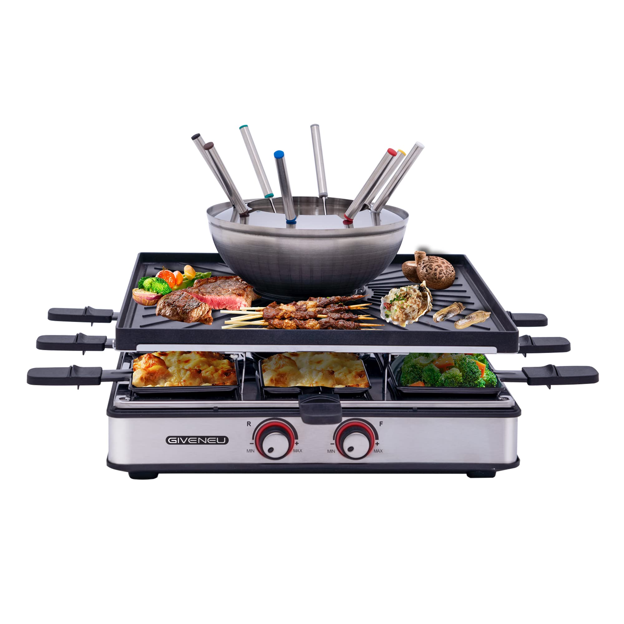 Electric Fondue Pot Set - 600ML Non-Stick Fondue Pot with Grill Plate, 8 Color-Coded Forks & 8 Mini Pans, Dual Thermostat Control for Cheese, Chocolate & Meat | Perfect for Parties, Family Gatherings & Romantic Dinners