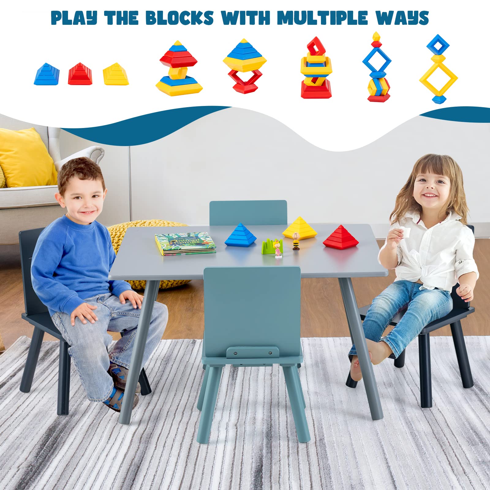 HONEY JOY Kids Table and Chair Set - 5 Piece Pine Wood Toddler Furniture with Building Blocks, Blue Children's Table & 4 Chairs for Daycare, Classroom, Playroom - Perfect Gift for Boys & Girls | Ideal for Learning, Playtime & Creative Activities