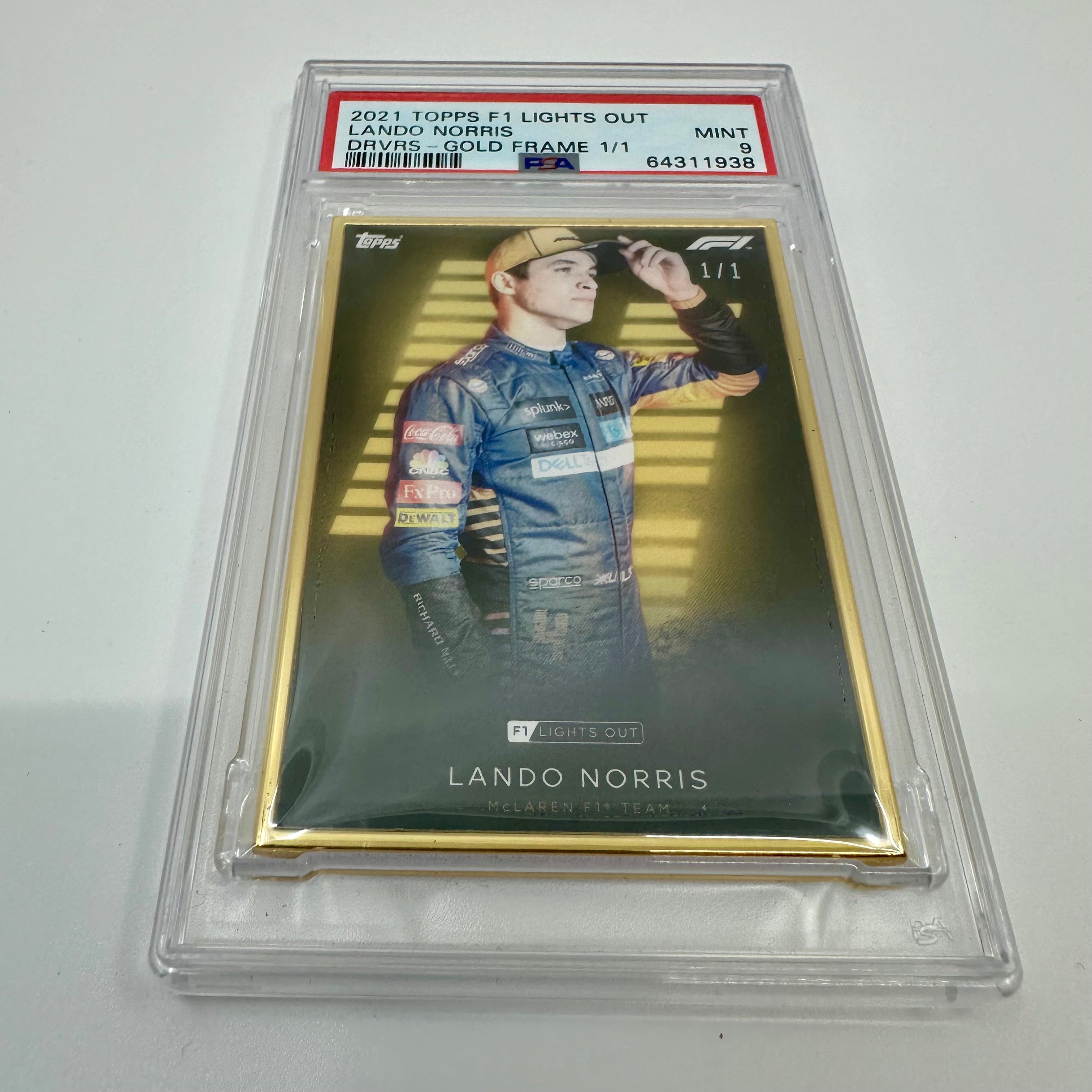 2021 Topps Lights Out Lando Norris PSA 9 1/1 Gold Frame Trading Card - Rare Collectible for Sports Fans & F1 Memorabilia Enthusiasts