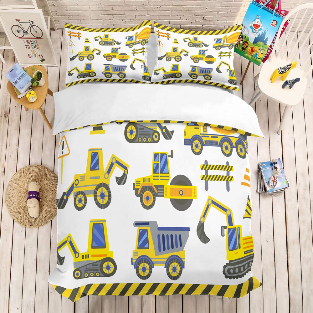 REALIN Construction Duvet Cover Set - Excavator Tractor Crane Themed Bedding for Boys - 2/3/4PCS Microfiber Quilt Cover with Sheets & Pillow Shams - Twin/Full/Queen/King Size - Perfect for Kids' Rooms, Construction Theme Bedrooms & Gift Ideas