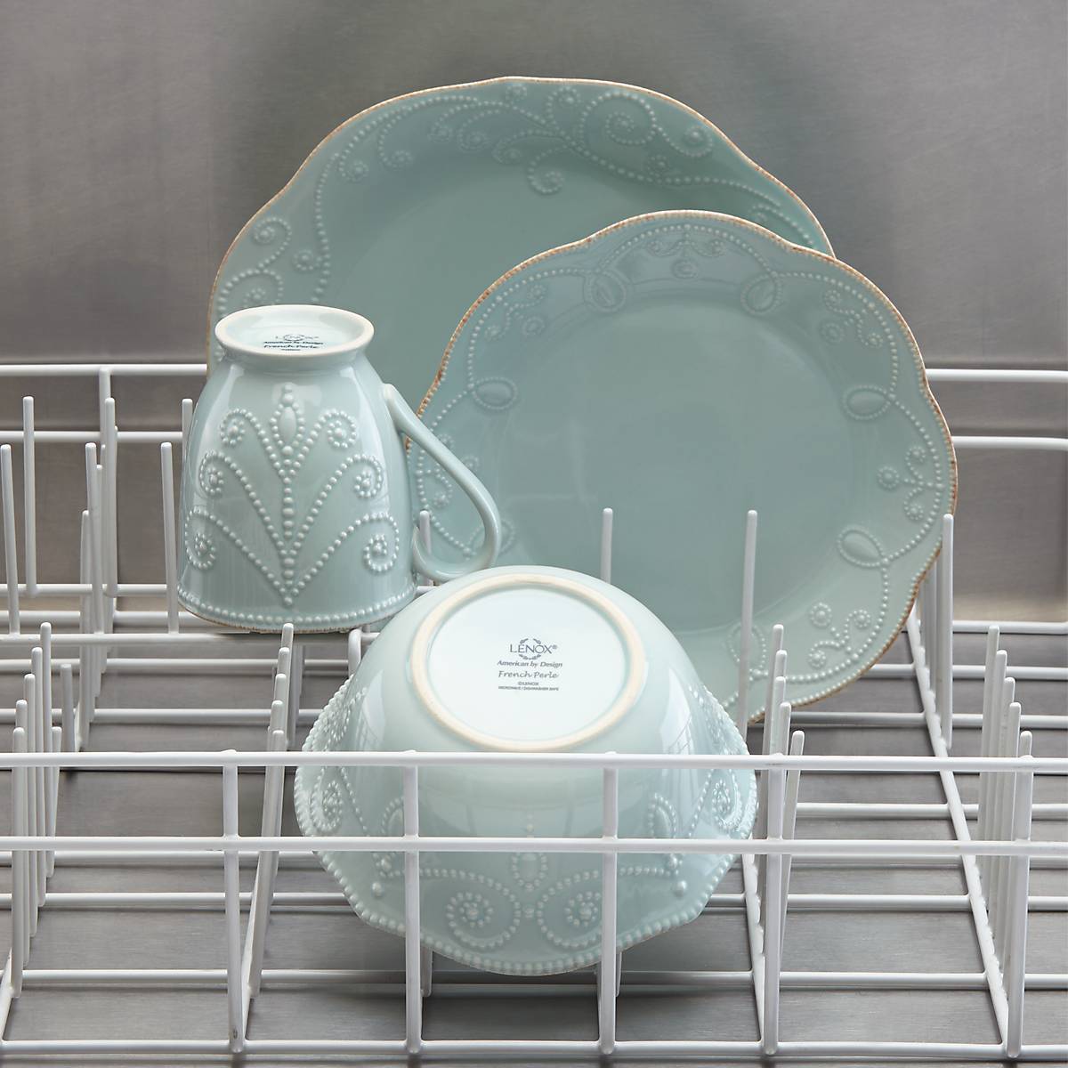 French Perle Blue 4-Piece Dinner Plate Set - Elegant Bone China Plates for Formal Dining, Entertaining & Special Occasions
