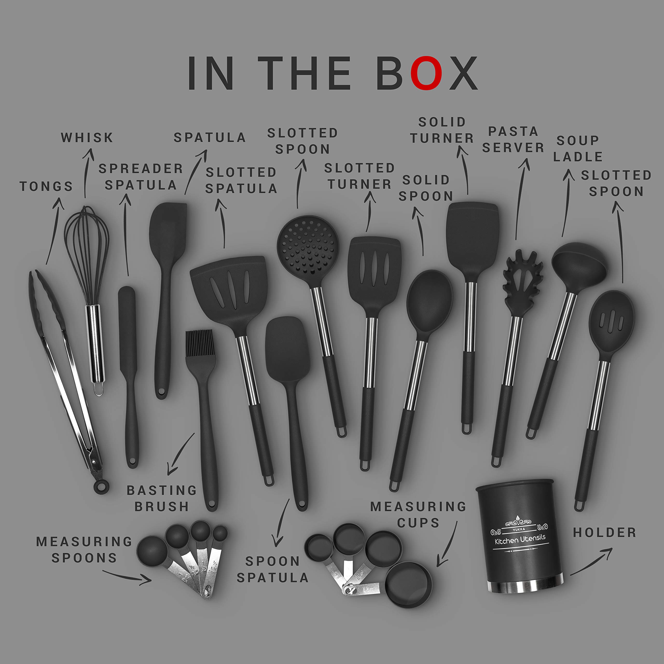 YUKKA 23-Piece Silicone Cooking Utensils Set with Stainless Steel Handles - Non-Stick, BPA-Free, Scratch-Resistant Black Kitchen Tools for Baking, Frying & Cooking - Perfect Gift for Home Chefs