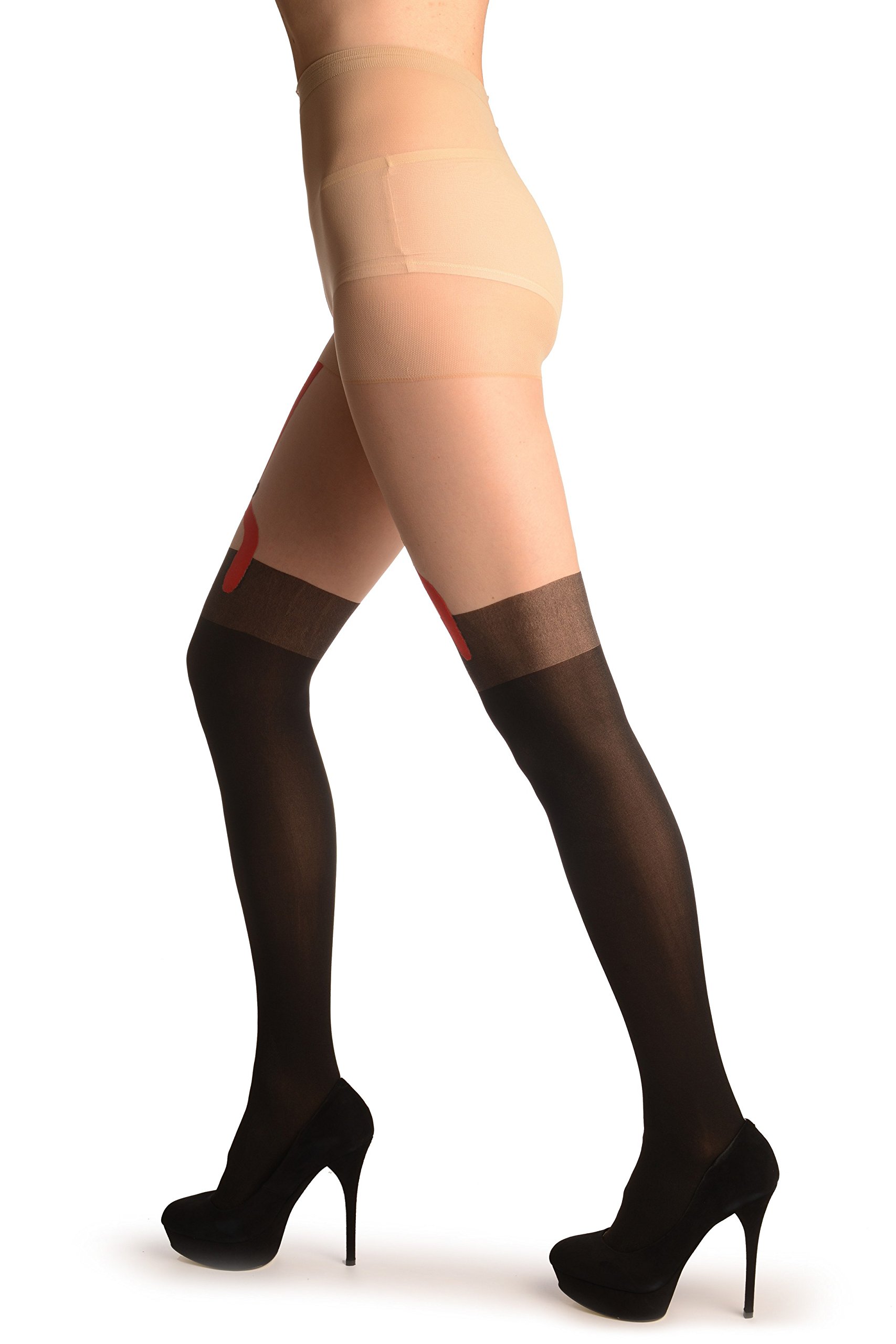 LissKiss Black Faux Stockings with Red Garter Belt - Sexy Pantyhose & Tights for Women | Perfect for Valentine's Day, Boudoir, and Special Occasions