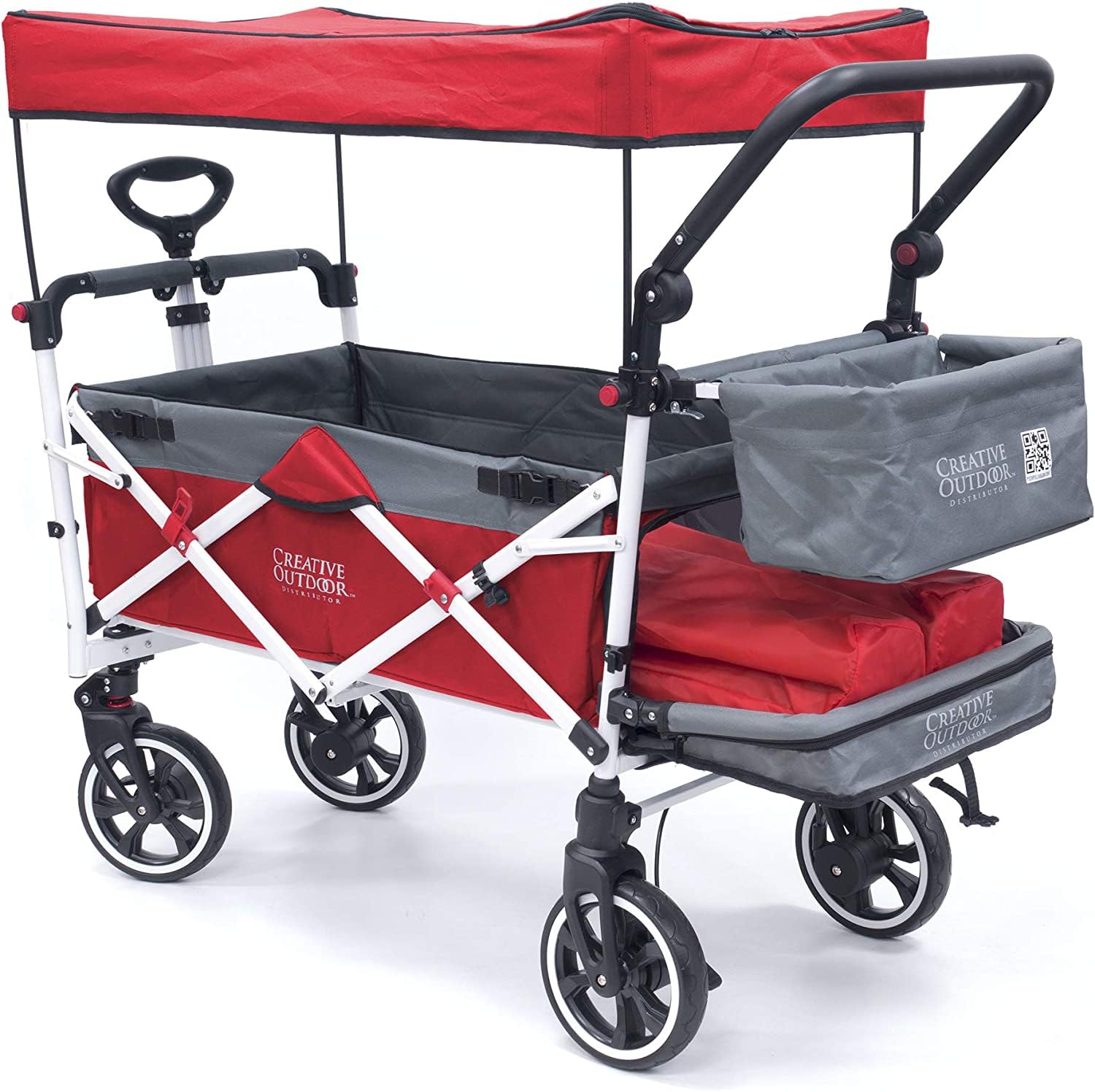 Titanium Series Plus Push Pull Collapsible Stroller Wagon for Kids - 150lbs Weight Capacity, Foldable Design with Sun Canopy (Red & Grey) - Perfect for Beach Trips, Park Outings & Garden Adventures | Outdoor Family Stroller Cart