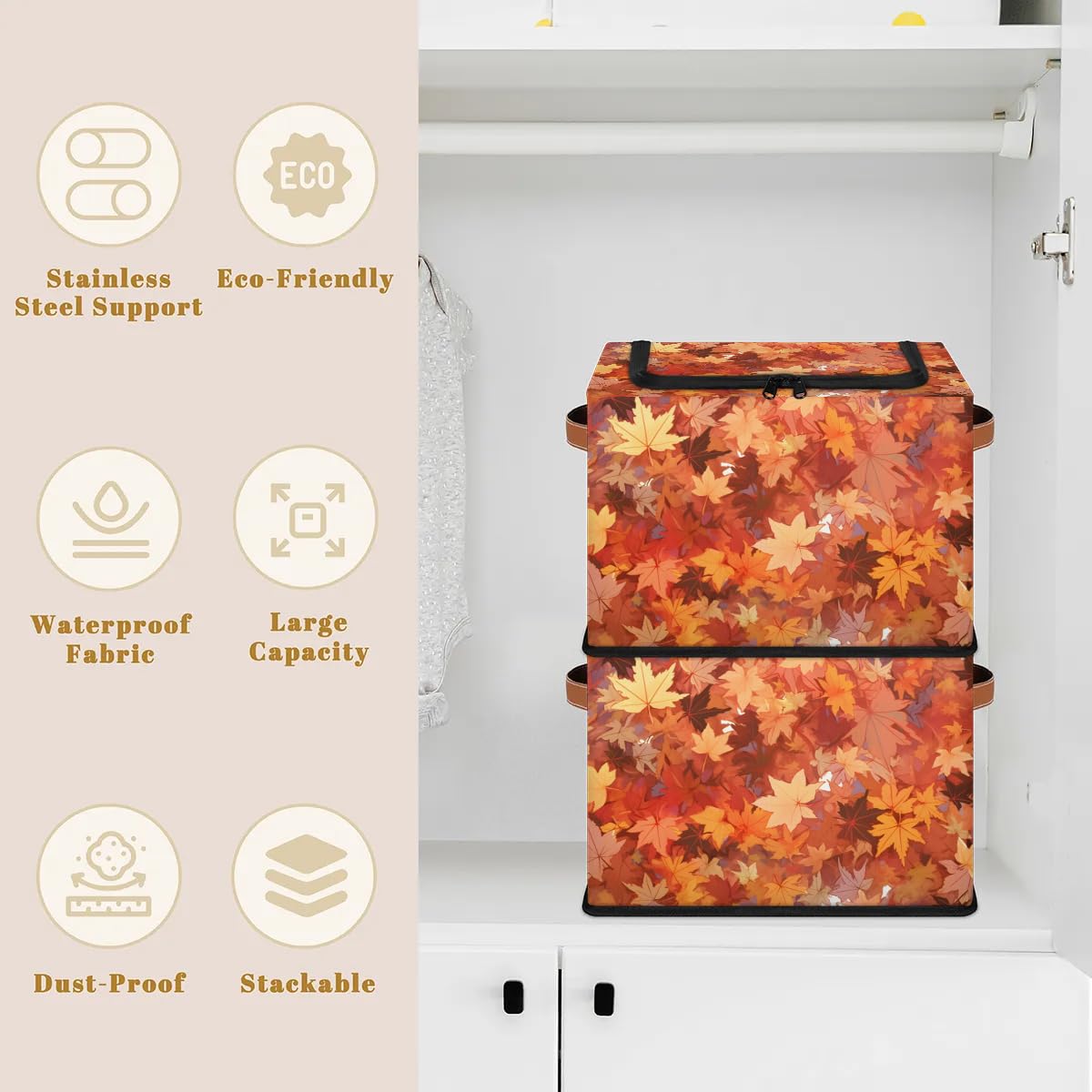 Collapsible Storage Bins with Lids - Maple Fall Leaves Pattern Stackable Fabric Storage Cubes - Dustproof Closet Organizer for Clothes, Toys, Blankets & Home Organization - Perfect for Bedroom, Nursery & Seasonal Storage