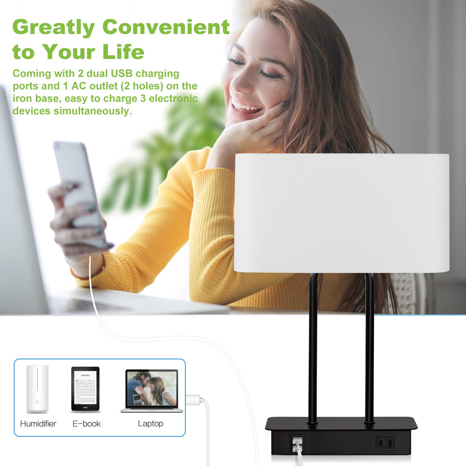 Modern Touch Control Table Lamp with Dual USB Ports & AC Outlet - 3-Way Dimmable Nightstand Lamp with White Fabric Shade, 5000K LED Bulb - Perfect for Bedroom, Living Room, Office & Study Desk Lighting