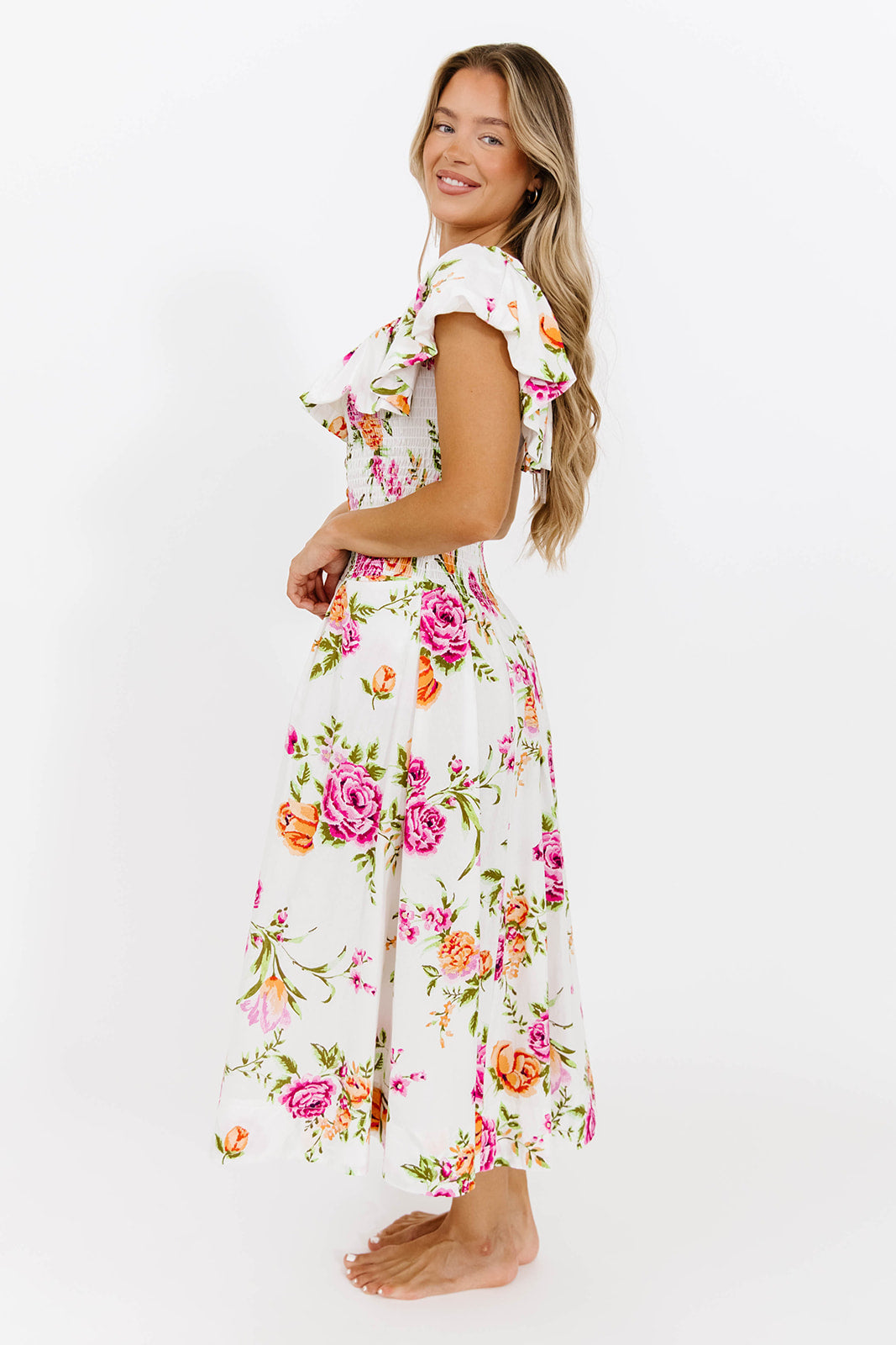 Laney Floral Maxi Dress - White Floral Print Long Summer Dress for Women | Beach Wedding, Vacation, Party Wear