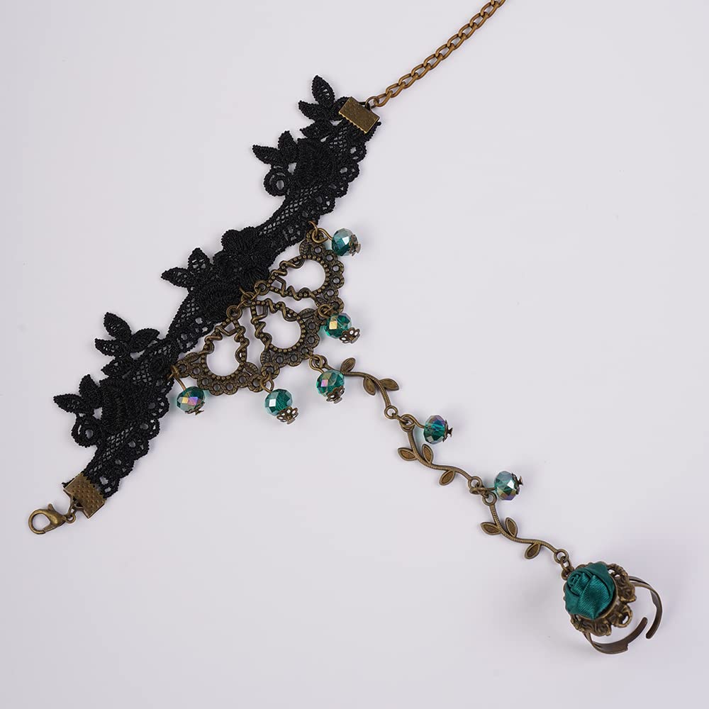 Gothic Black Lace Bracelet with Green Rose Crystal & Retro Leaf Chain - Halloween Slave Bracelet for Women (Black/Green/Rose, 10