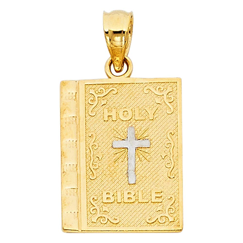 14K Yellow Gold and White Gold Bible Cover Pendant Necklace - 17x16mm Religious Jewelry Gift for Women - Perfect for Church, Baptism, and Faith-Based Occasions