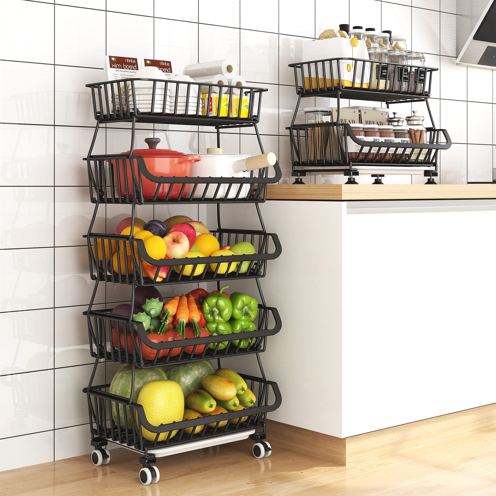 5-Tier Stackable Metal Wire Fruit and Vegetable Basket Organizer - Kitchen Storage Stand for Onions, Potatoes, Produce - Black | Perfect for Pantry, Countertop, and Farmhouse Kitchen Organization
