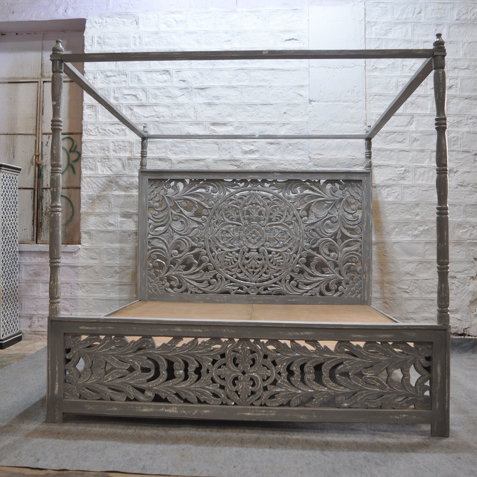 Handcrafted Dynasty Carved Panel 4-Poster King Size Bed Frame 72x80 Inch Rustic Gray Finish - Perfect for Master Bedroom, Farmhouse Decor & Luxury Bedroom Design