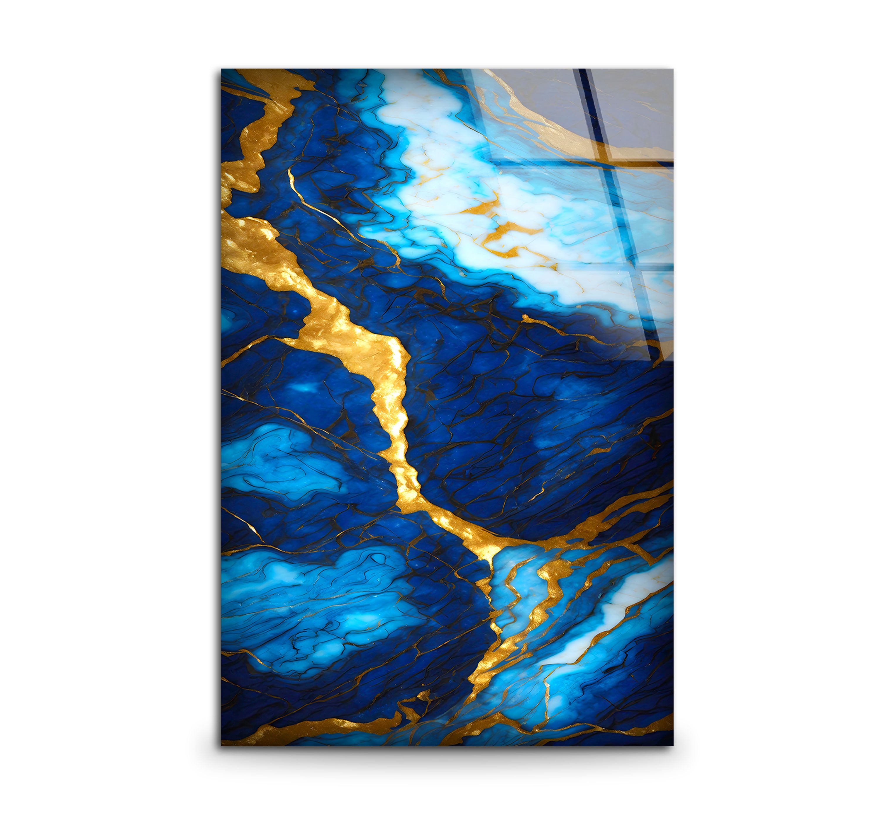 Blue and Gold Marble Wall Art - Elegant Glass Print with Rich Veins & Deep Texture | Modern Luxury Home Decor for Living Room, Bedroom & Office