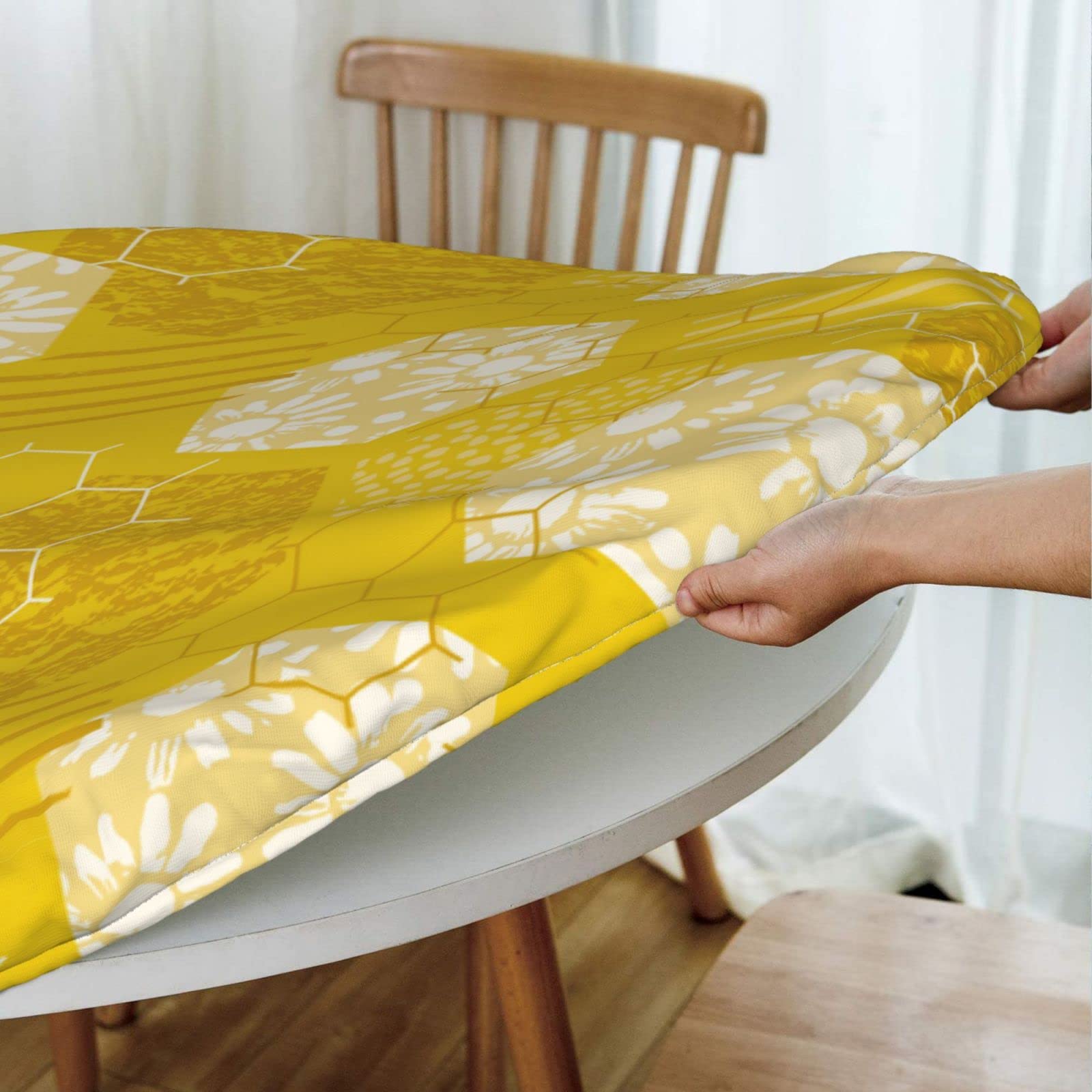 Honeycomb Pattern Elastic Edged Round Fitted Tablecloth - Waterproof & Wipeable Kitchen Table Cover for 45-50 Inch Tables - Perfect for Indoor, Outdoor, Parties & Dining