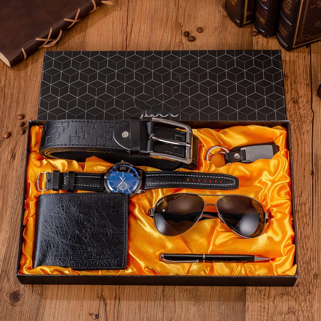 6-Piece Luxury Men's Gift Set - Black & Brown Quartz Watch, Glasses, Belt, Wallet, Keychain & Pen - Elegant Suit Accessories with Gift Box - Perfect for Business, Weddings & Formal Events