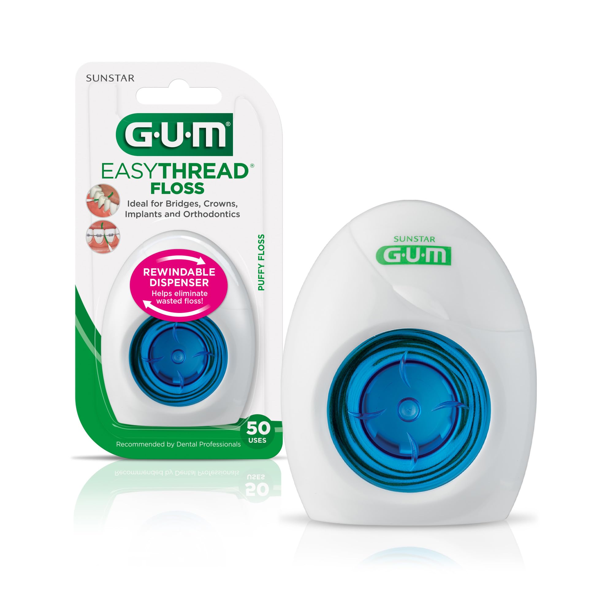 GUM EasyThread Expanding Dental Floss for Braces, Bridges & Implants - 50 Pre-Threaded Flossers with Built-in Rigid Threaders - Perfect for Orthodontic Care & Oral Hygiene at Home or Travel