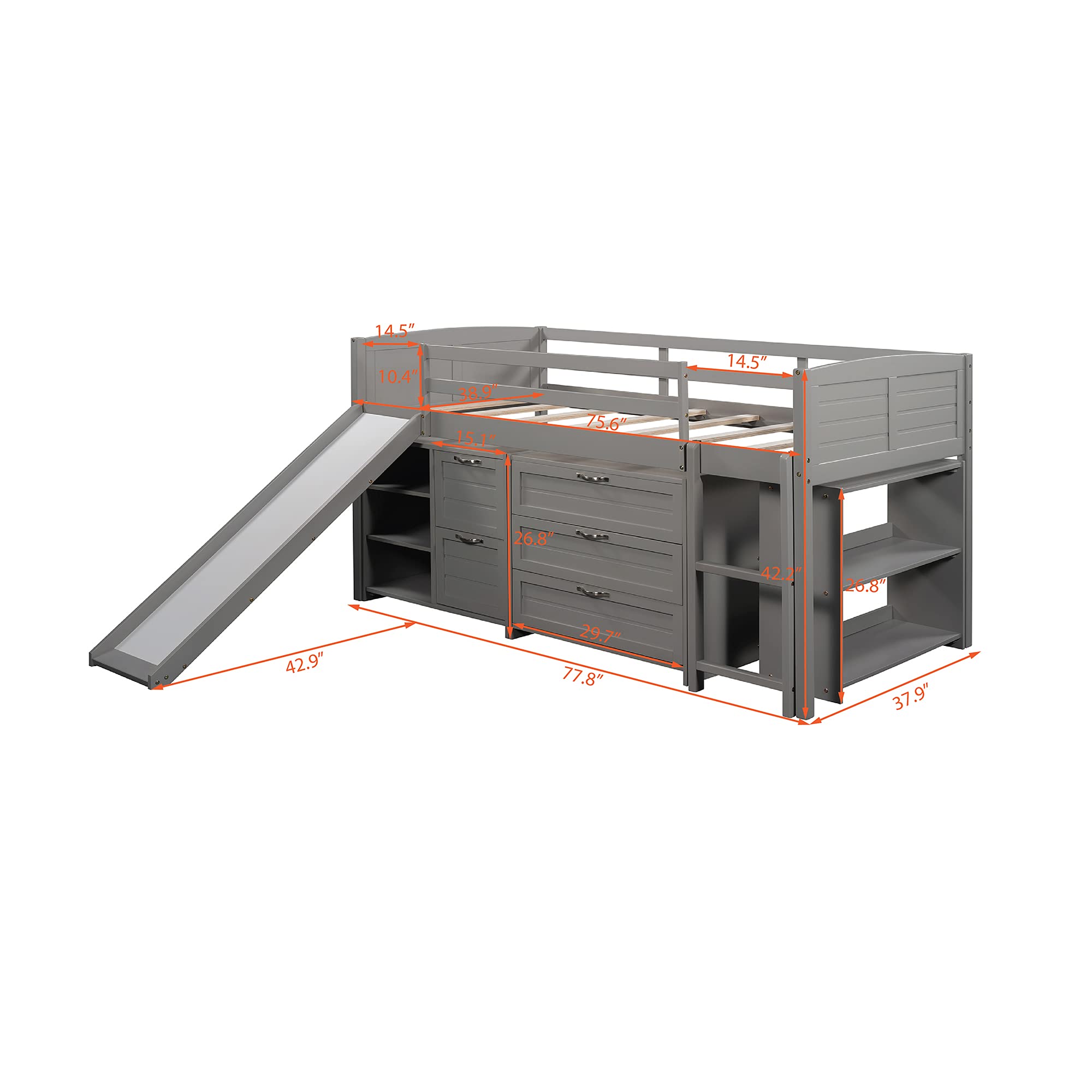 **Low Loft Bed with Slide for Kids - Twin Size Solid Wood Bed Frame with Drawers, Cabinet & Shelf - Gray (3) - Perfect for Small Bedrooms & Playrooms**