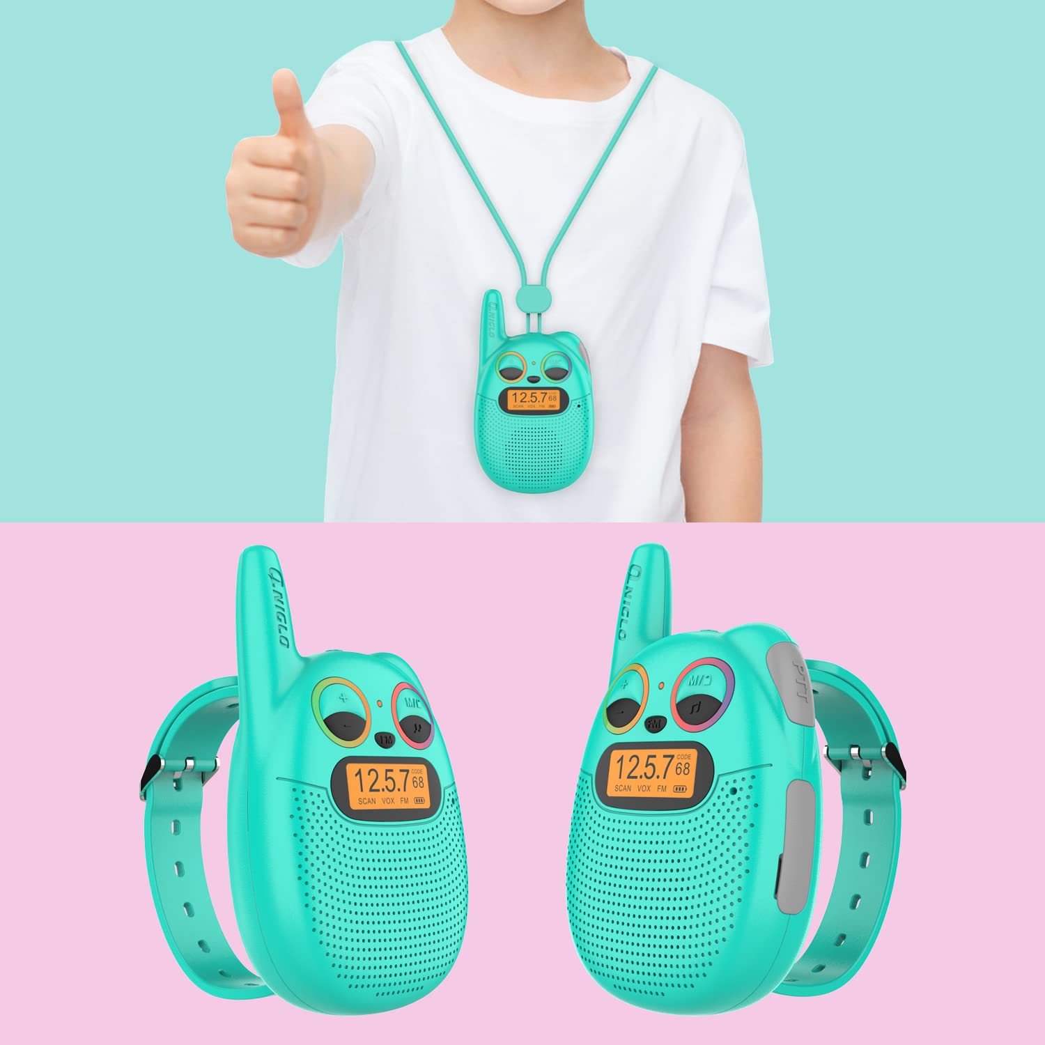 Qniglo Rechargeable Walkie Talkies for Kids - 2 Pack Kids Walkie Talkies with FM Radio, Handheld Walkie Talkie with Wrist Strap & Lanyard - Perfect for Outdoor Camping, Hiking, Birthday Parties & Christmas Gifts for Boys and Girls