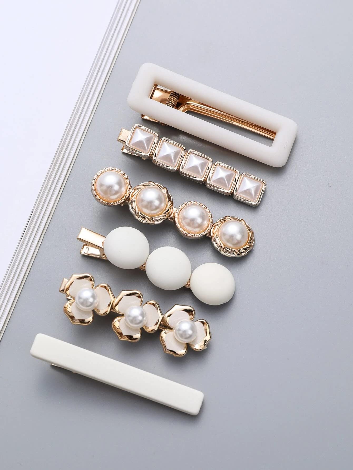 Ashkash 6 Pack White Geometric Square Hair Barrettes – Elegant Hair Clips & Pins for Women & Girls, Perfect for Weddings, Parties & Everyday Styling