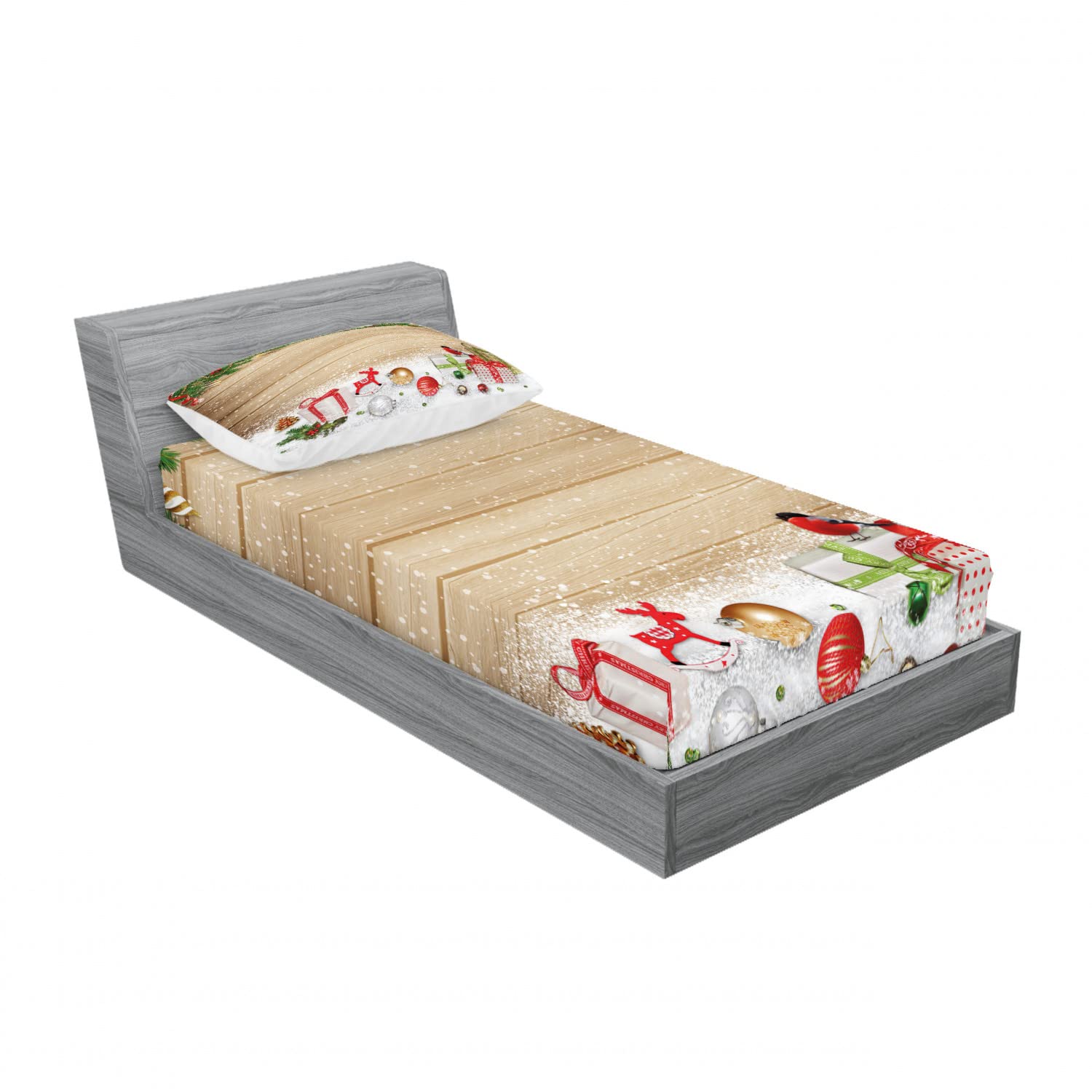 Ambesonne Christmas 2-Pack Twin Size Fitted Sheet & Pillow Sham Set - Pine Wood Planks Snow Design, 4-Piece Holiday Bedding Decor (2 Fitted Sheets + 2 Pillow Covers) - Perfect for Winter Bedroom, Guest Room & Christmas Home Decor