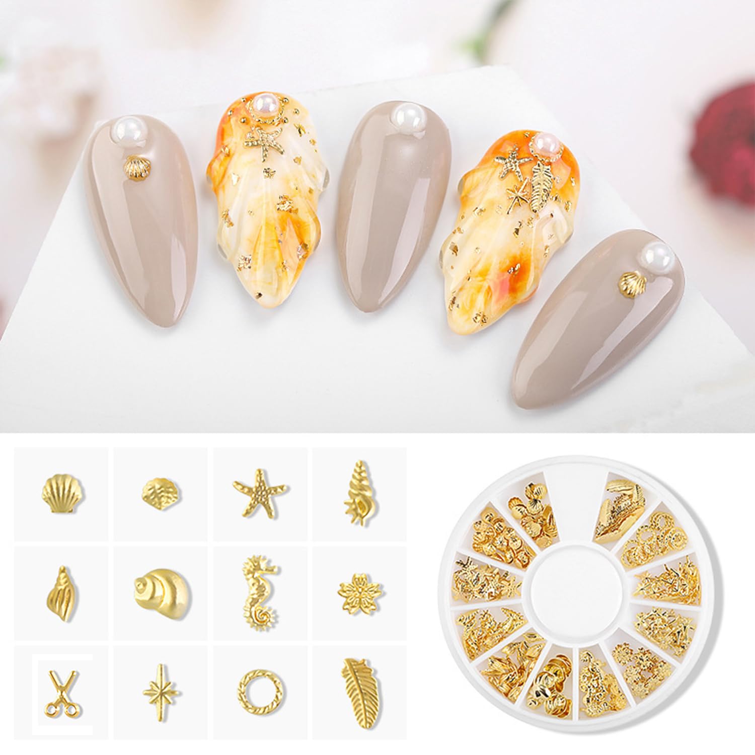 DANNEASY 6 Boxes Gold Nail Charms for Acrylic Nails - Metal Hollow Nail Studs with Heart, Moon, Star & Cross Designs - 3D Nail Art Jewels for DIY Manicure & Nail Decoration - Perfect for Parties, Weddings & Salon Use