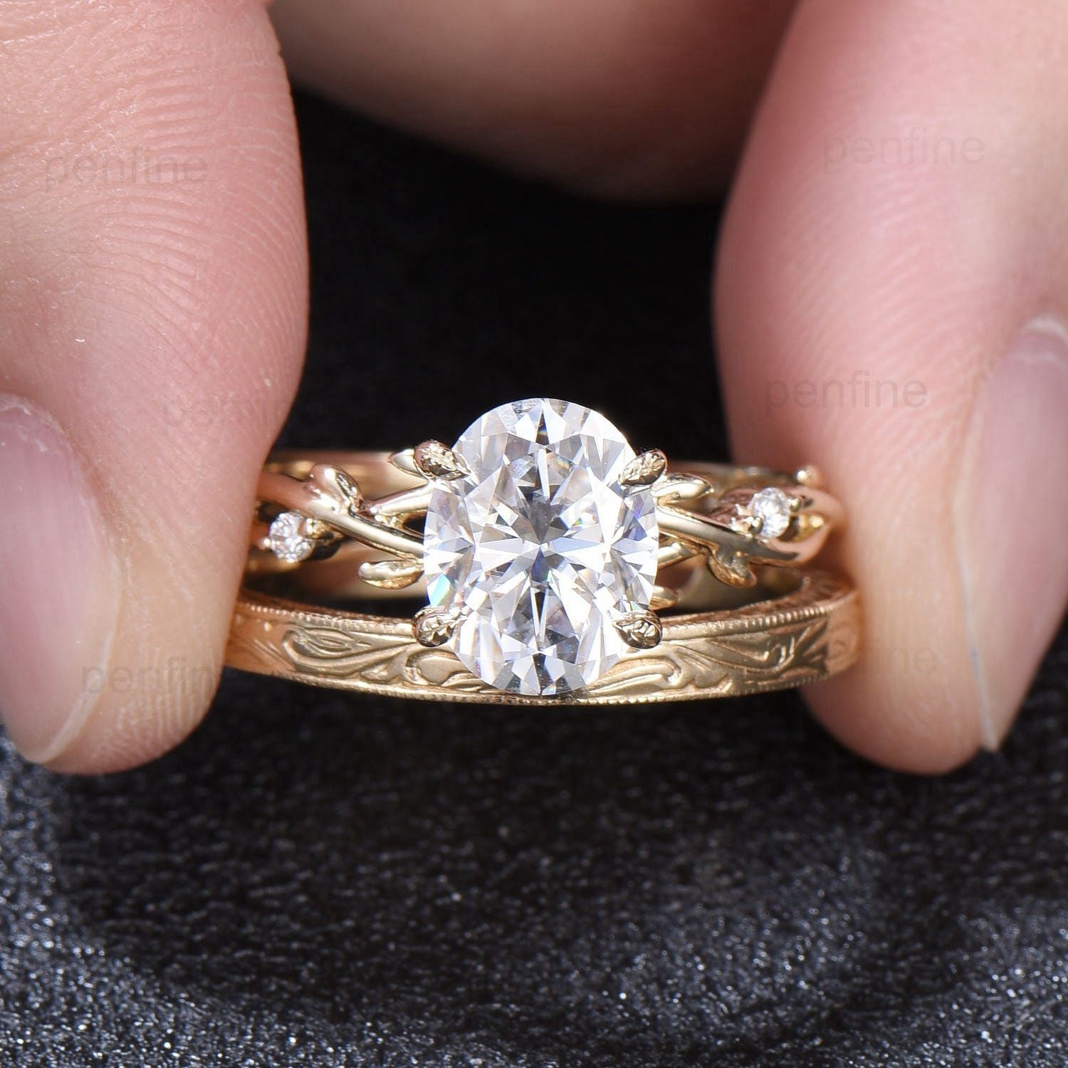 2 Carat Oval Moissanite Engagement Ring Set with Twig Leaf Wedding Band - 14K Yellow Gold Filigree Milgrain Edge Stacking Ring for Women | Unique Bridal Jewelry, Anniversary Gift, Proposal Present