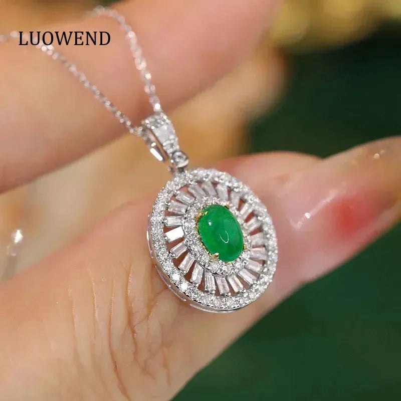 18K White & Yellow Gold Diamond & Emerald Necklace for Women - Luxury Oval Pendant Wedding Jewelry - Perfect for Bridal, Anniversary & Special Occasion Gifts